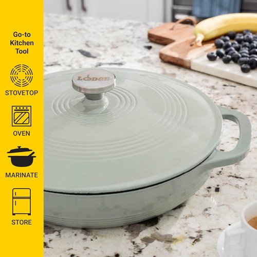 Lodge Essential Enamel Braiser - Induction-Safe & PFAS-Free Cookware - 3.5 Quart, Desert Sage