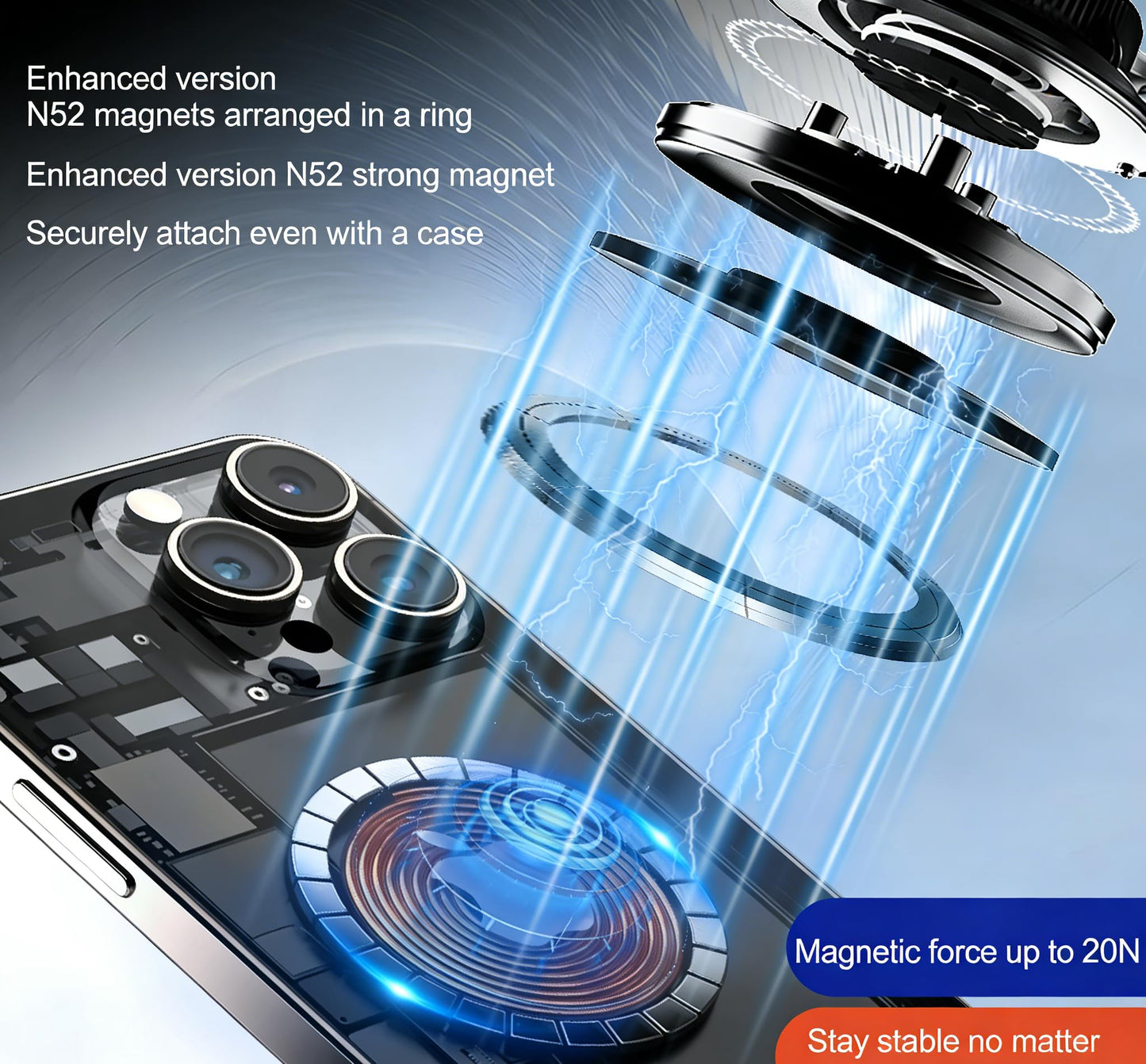 Metal Magnetic Car Mount with Vacuum Suction Base, 360° Rotatable Phone Holder Compatible with MagSafe, Foldable, Black, Magnetic Ring Included for Your Car/Gym/Mirror Mount for iPhone & Android