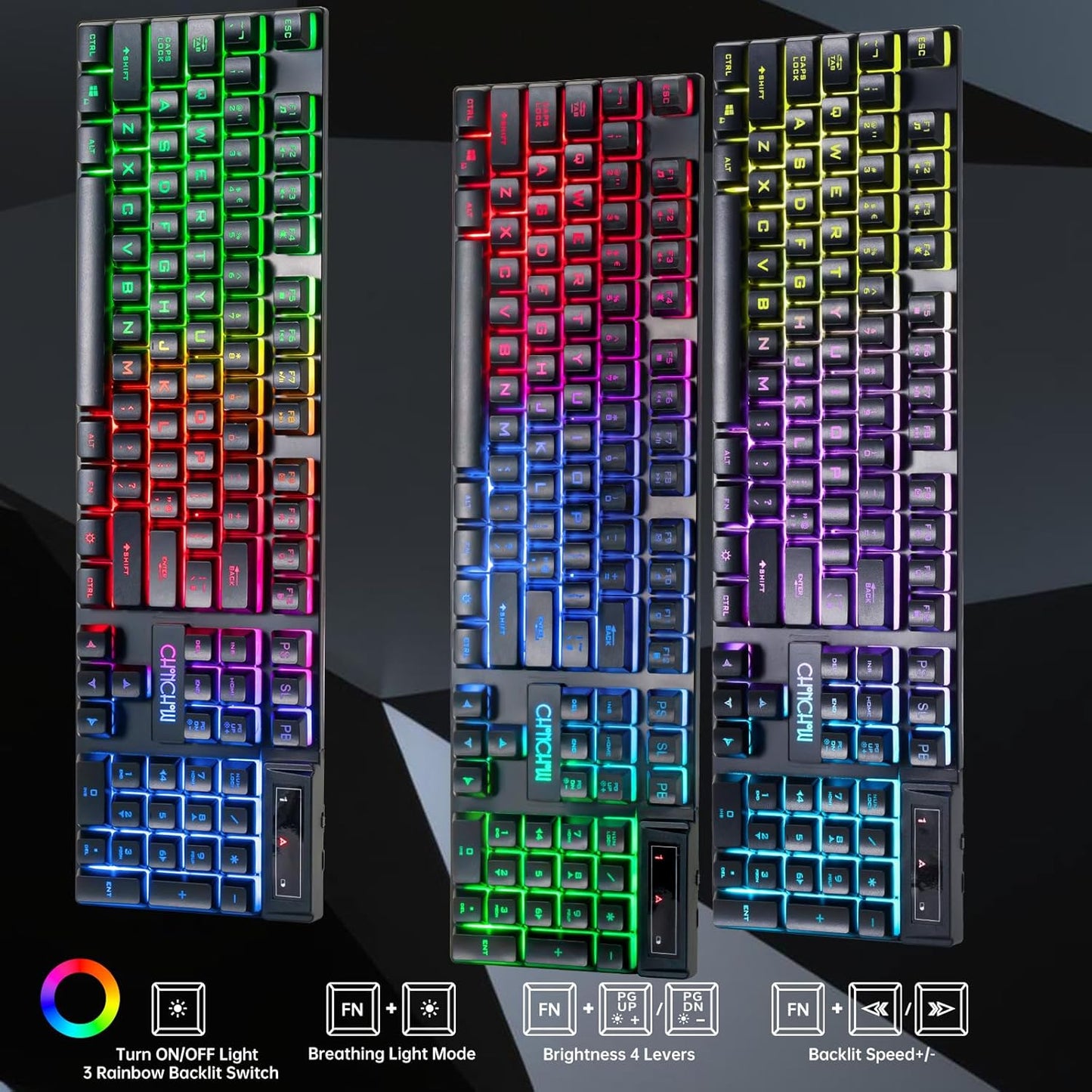 CHONCHOW 2.4G Wireless Keyboard and Mouse Combo - Rechargeable USB Rainbow LED Backlit Wireless Gaming