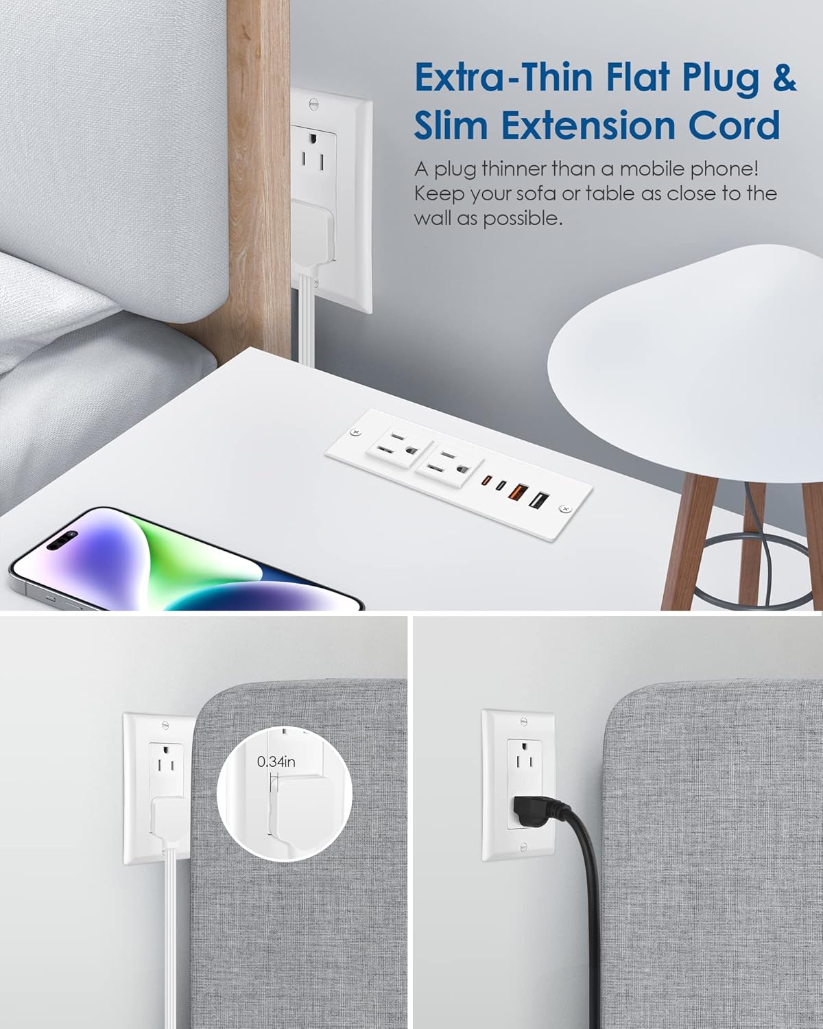 Jgstkcity 30W Strip,2 4 Table,6ft Recessed Power Strip with USB C,Ultra Thin Flat Plug Power Outlets USB