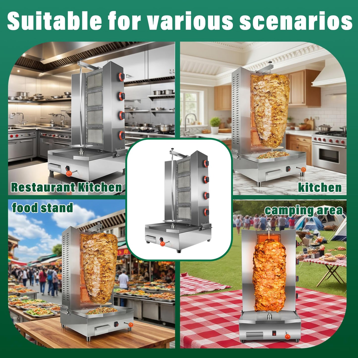 Li Zhen 4 Burners Shawarma Grill Machine Commercial Large Rotisserie Grill Kebab Vertical Rotisserie Propane Turkish Chicken Doner Kebab Broiler for Kitchen Restaurant