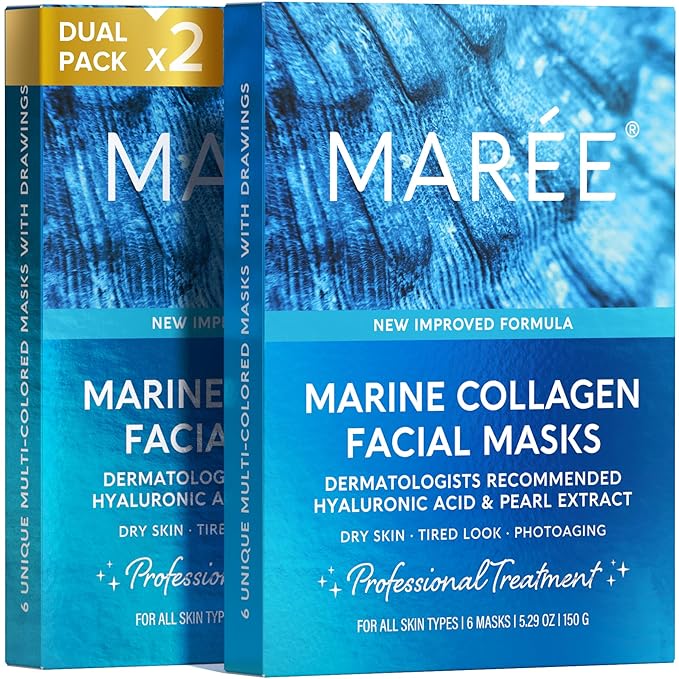 MAREE Collagen Facial Mask with Hyaluronic Acid ??Sheet Face Mask Skincare ??Centella Asiatica, Green & Red Algae Extract ??Hydrating Facemask For Women Skin Care ??Mascarillas Para La Cara ??12 Count