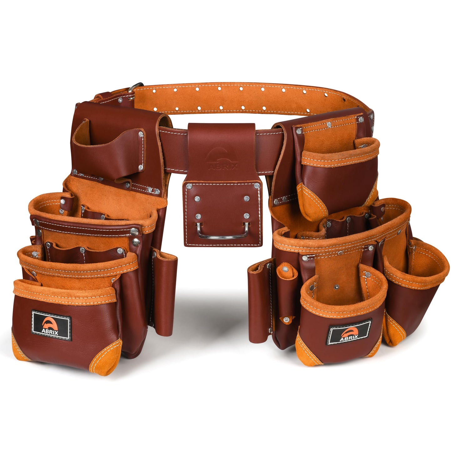 ABRIX Heavy Duty Tool Belt for Men – 4MM Thick Genuine Leather, Brass Buckle & Rivets | Foam Padded Comfort | 28-Pocket Carpenter & Framing Rig | Fits Waist 32 to 52 Inches | Professional Work Belt