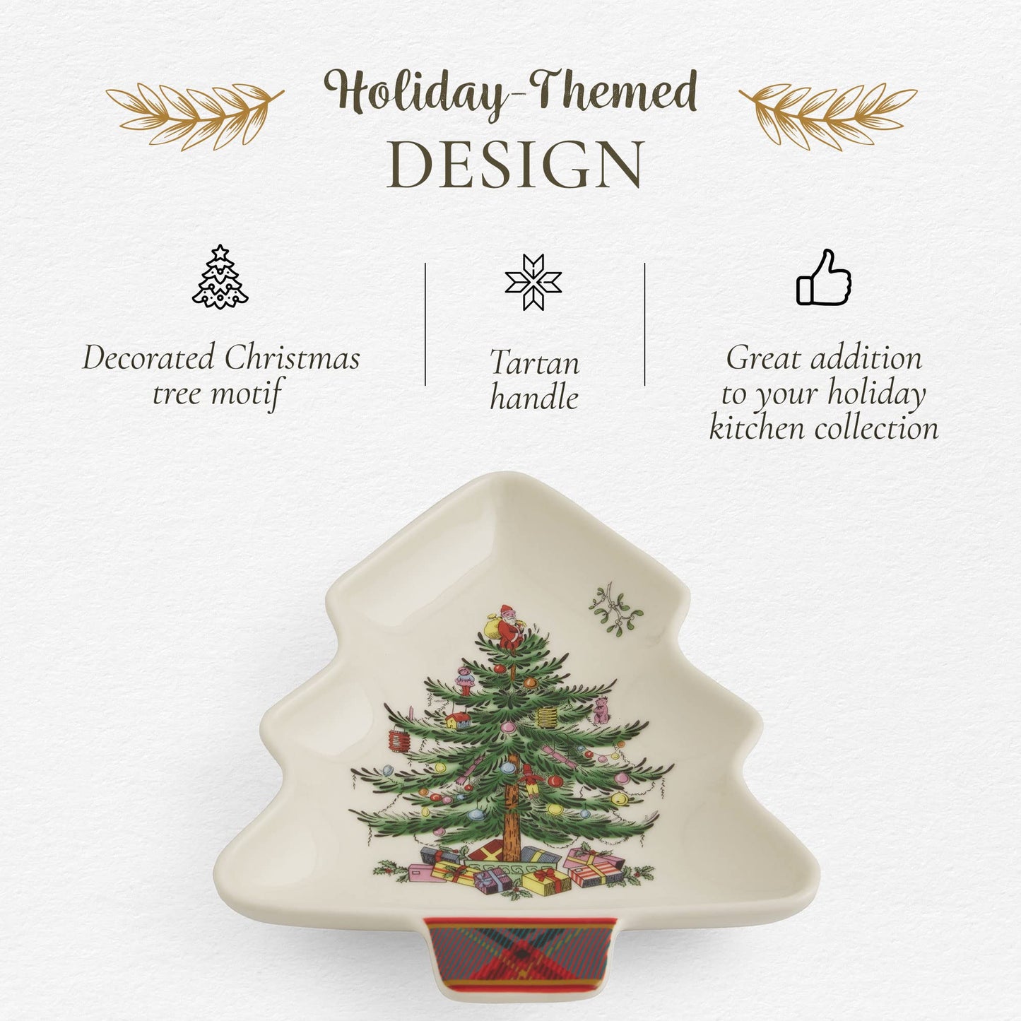 Spode Christmas Tree Tartan Spoon Rest, 7-Inch Tree-Shaped Holiday Utensil Holder, Festive Porcelain Spatula & Ladle Rest, Christmas Kitchen Counter Décor, Dishwasher & Microwave Safe - Hostess Gift