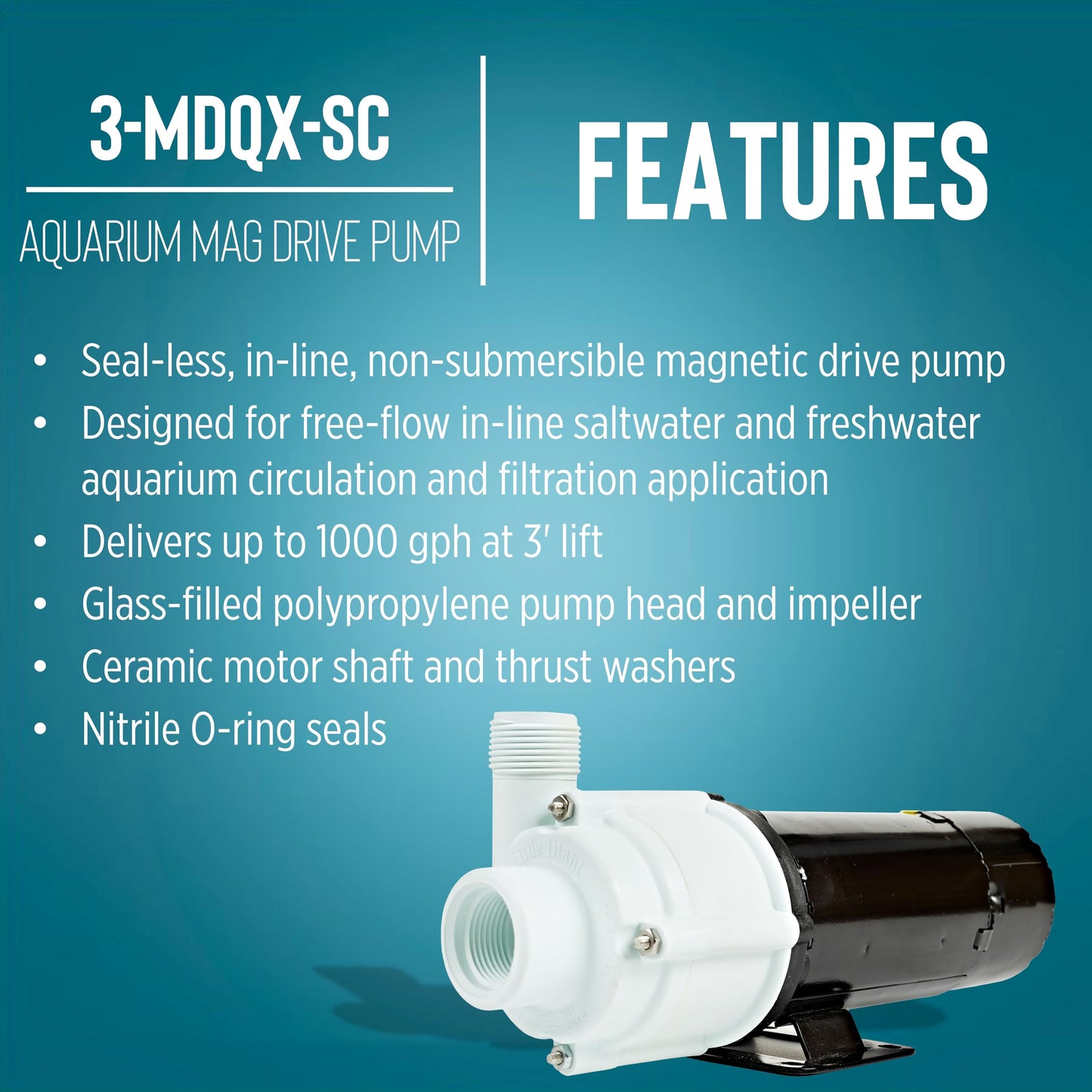 Little Giant 3-MDQX-SC 115-Volt, 1/15 HP, 1000 GPH, Non-Submersible Magnetic Drive Free Flow Aquarium Circulation Pump, 6-Ft. Cord, Black/White, 581507