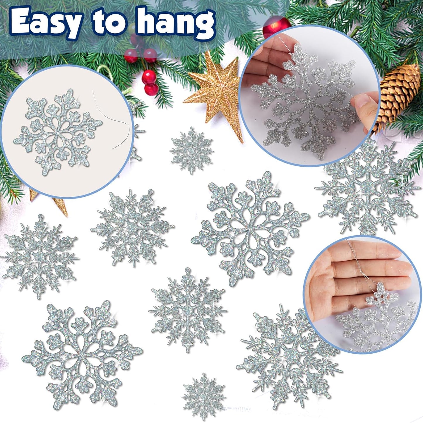 Skiennix 36-Piece Iridescent Silver Christmas Snowflake Ornaments - Sparkling Glitter Decor for Holiday Home & Winter Parties