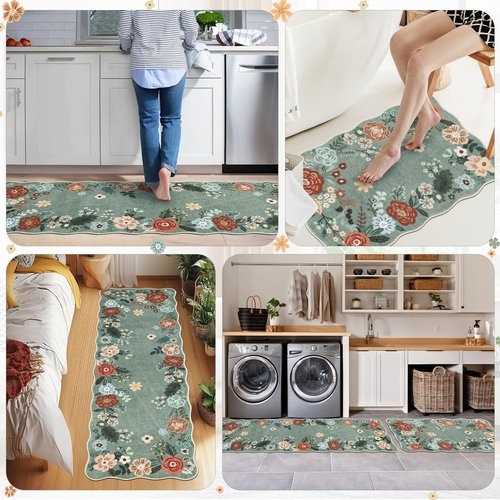 Homcomoda Floral Kitchen Rugs Mats for Floor 3PC, Farmhouse Non Slip Kitchen Rug Runner, Washable Non Skid Kitchen Rugs, Comfort Standing Mat for Laundry, Desk, Bar, Office