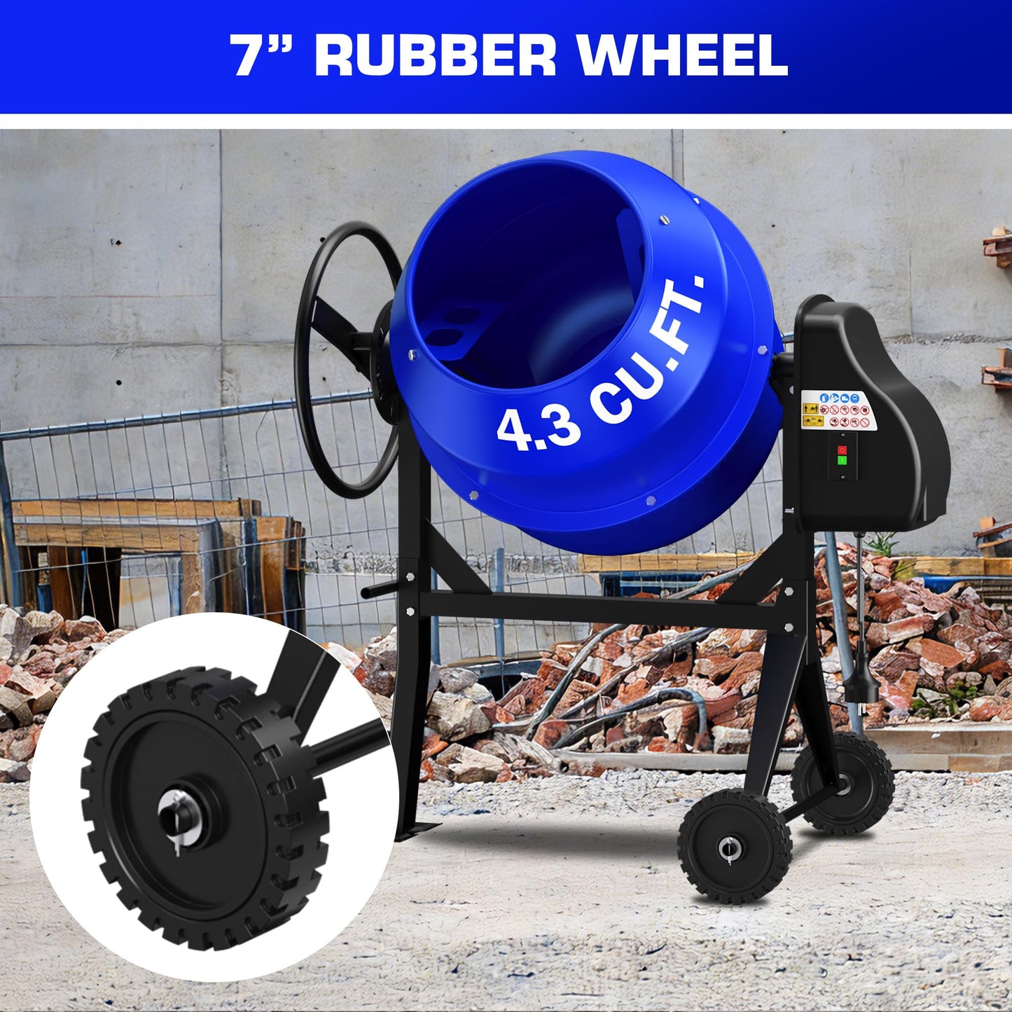 POXURIO 120L Electric Cement Mixer, 4.3 Cubic Ft. 450W 3/5HP Portable Concrete Mixer Machine with Stand And Wheels for Stucco, Mortar, Seeds, Blue-2026 Upgraded