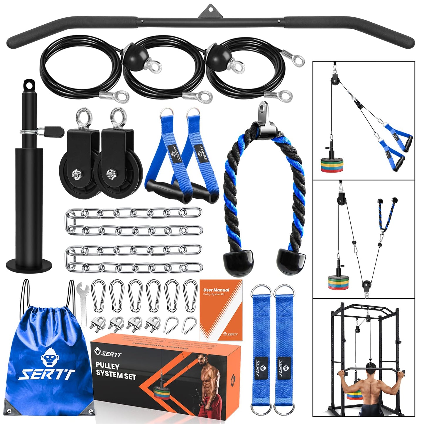 SERTT Home Gym Pulley System, Tricep Workout Pulley System for LAT Pulldown, Biceps Curl, Triceps, Shoulders, Back, Forearm Workout, Weight Cable Pulley System for Squat Rack, Garage