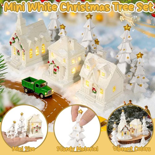 Bbiamsleep Christmas Mini Village Set - 9 Pcs White Resin Houses & Trees for Festive Home Decor