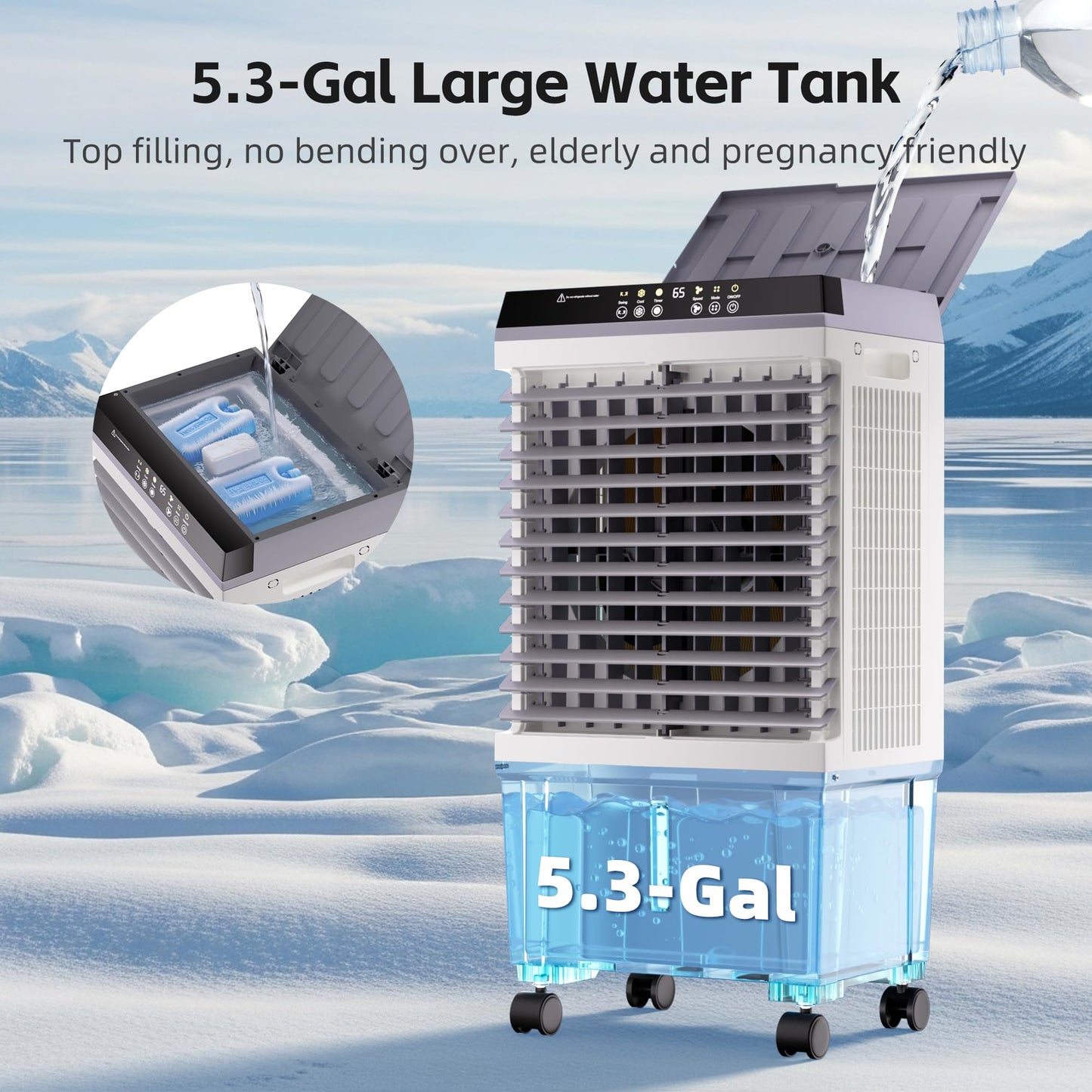 AKIRES 1800CFM Swamp Cooler,3-IN-1 Evaporative Air Cooler with 5.3 Gal Water Tank,6 Ice Packs,Evaporative Cooler with 12H Timer,2 Modes,3 Speeds,120°Oscillation，Cooling Fan for Indoor,Outdoor(32IN)