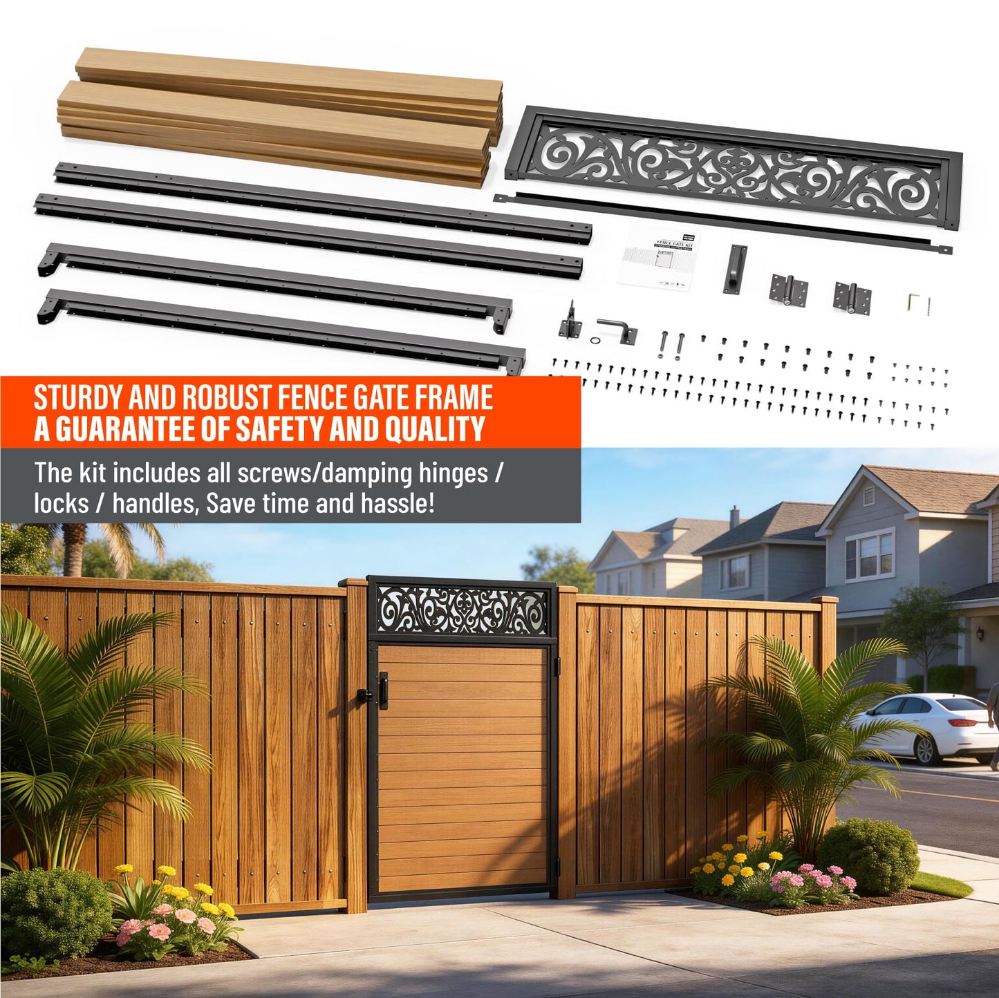 Uphode 4x6 FT(46.8" x 70.8") 201 Stainless Steel Fence Gate Kit Heavy Duty, Anti Sag Metal Fence Gate Frame Kit with Board, Morden Garden Gate Hardware Kit Outdoor (Left/Right Free-Installation)