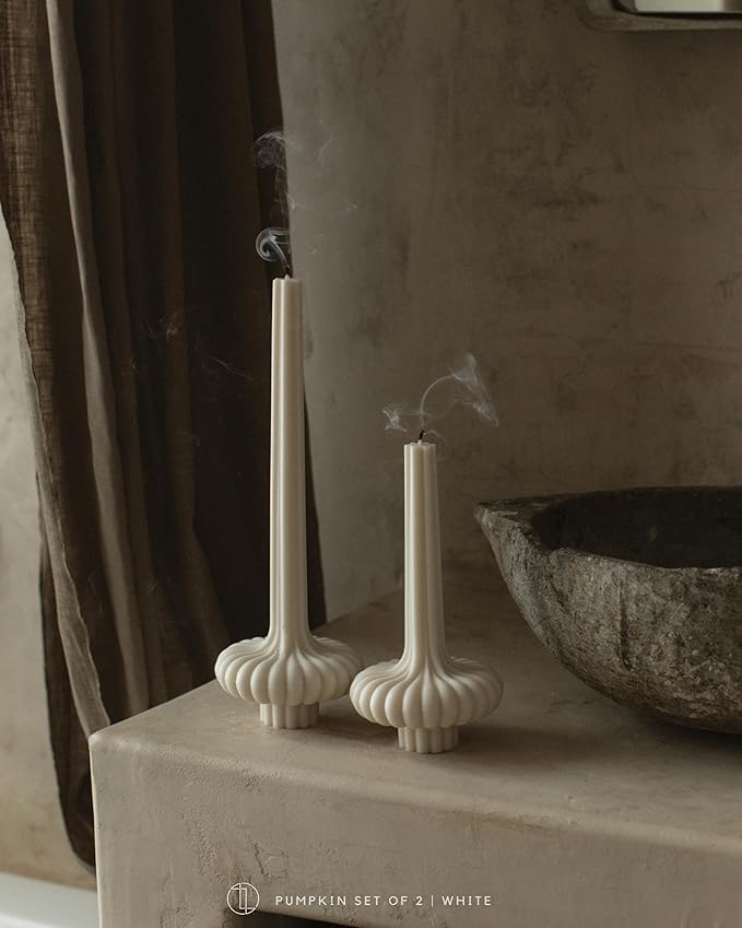 LAWA Set of 2 Pumpkin Base Candle - Beautiful Handmade Pillar Unscented Soy Wax Elegant Aesthetic Vase Candle Housewarming Gift Home Room Shelf Decor Idea White