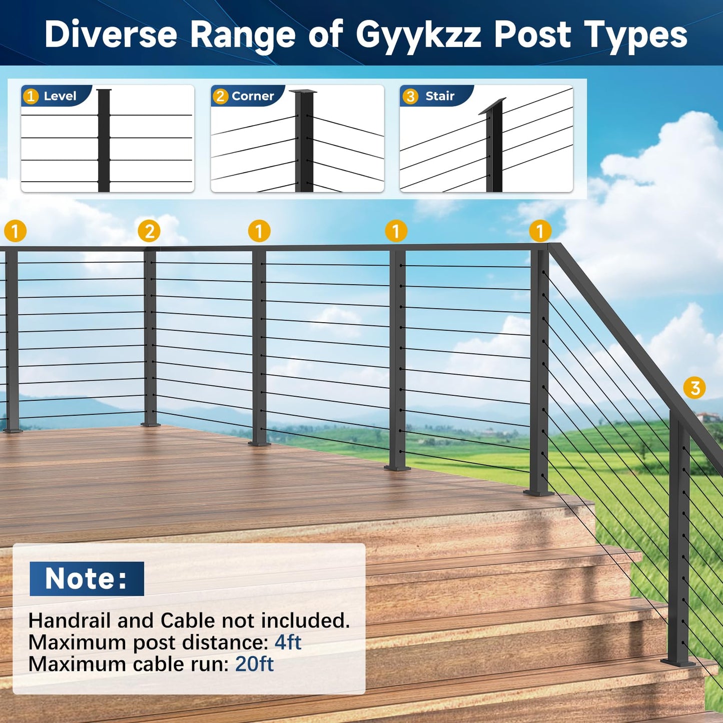 Gyykzz 36" Black Cable Railing Post, Fixed Top Level Drilled Line Post with Cable Grommets, Surface Mount T304 Stainless Steel Wire Railing Handrail Post for Indoor Outdoor Deck Cable Railing System