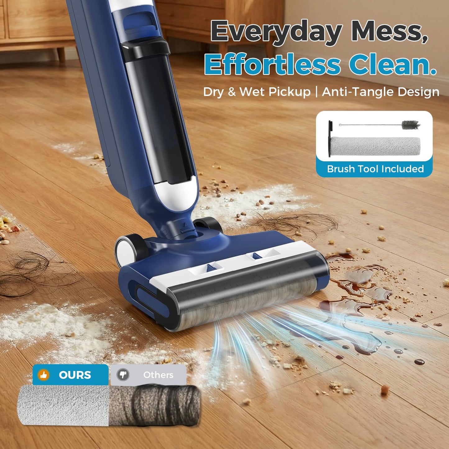 DUMOS Wet Dry Vacuum Mop, Cordless All-in-One Floor Cleaner with Auto Self-Cleaning, Dual-Edge Cleaning, Tangle-Free Brush & Dual Water Tank Design, 35-Min Runtime for Hard Sticky Messes & Pet Hair