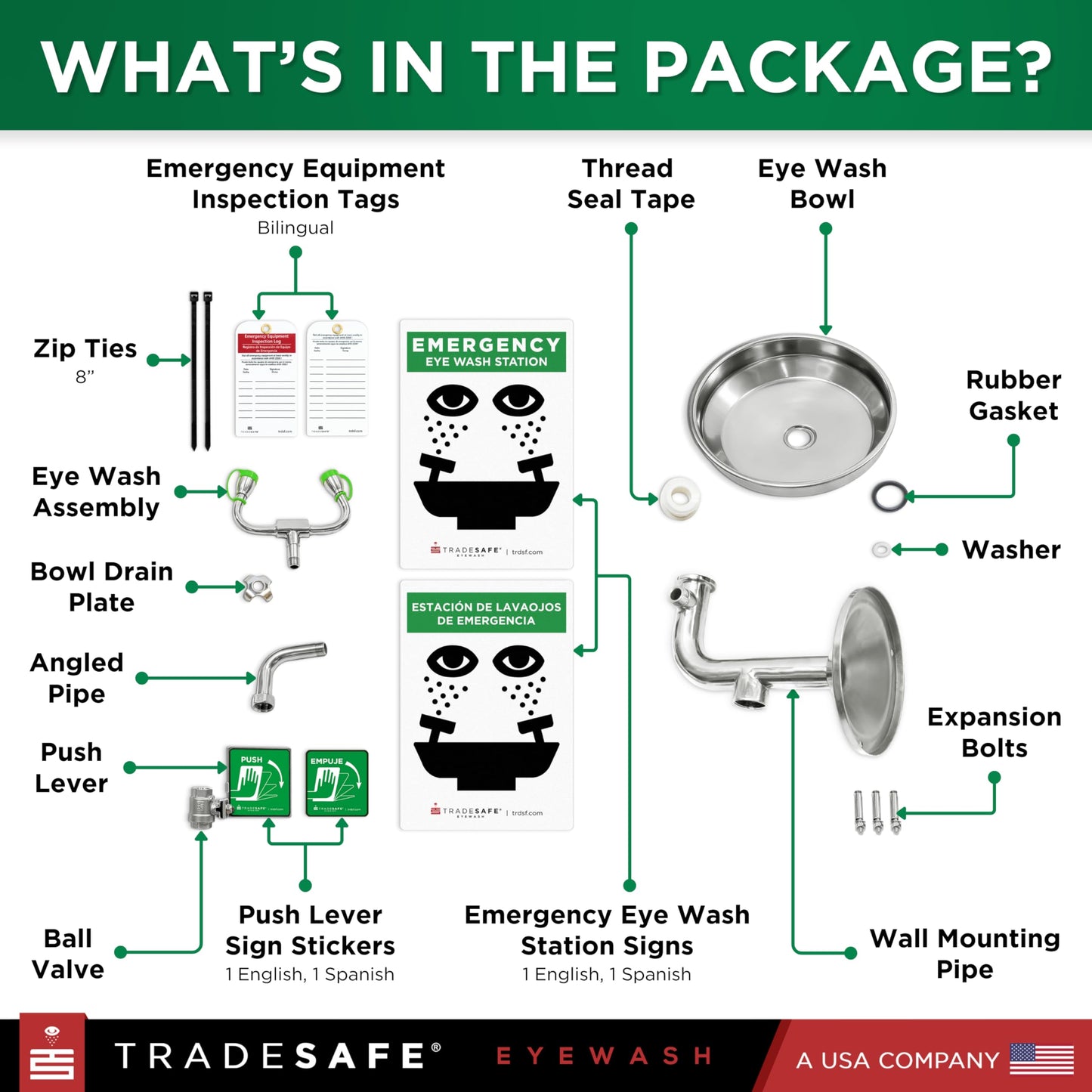 TRADESAFE Eye Wash Station OSHA Approved - Wall Mounted Emergency Eye Wash Station, Stainless Steel Eyewash Station, Aluminum Eye Wash Station Sign Included