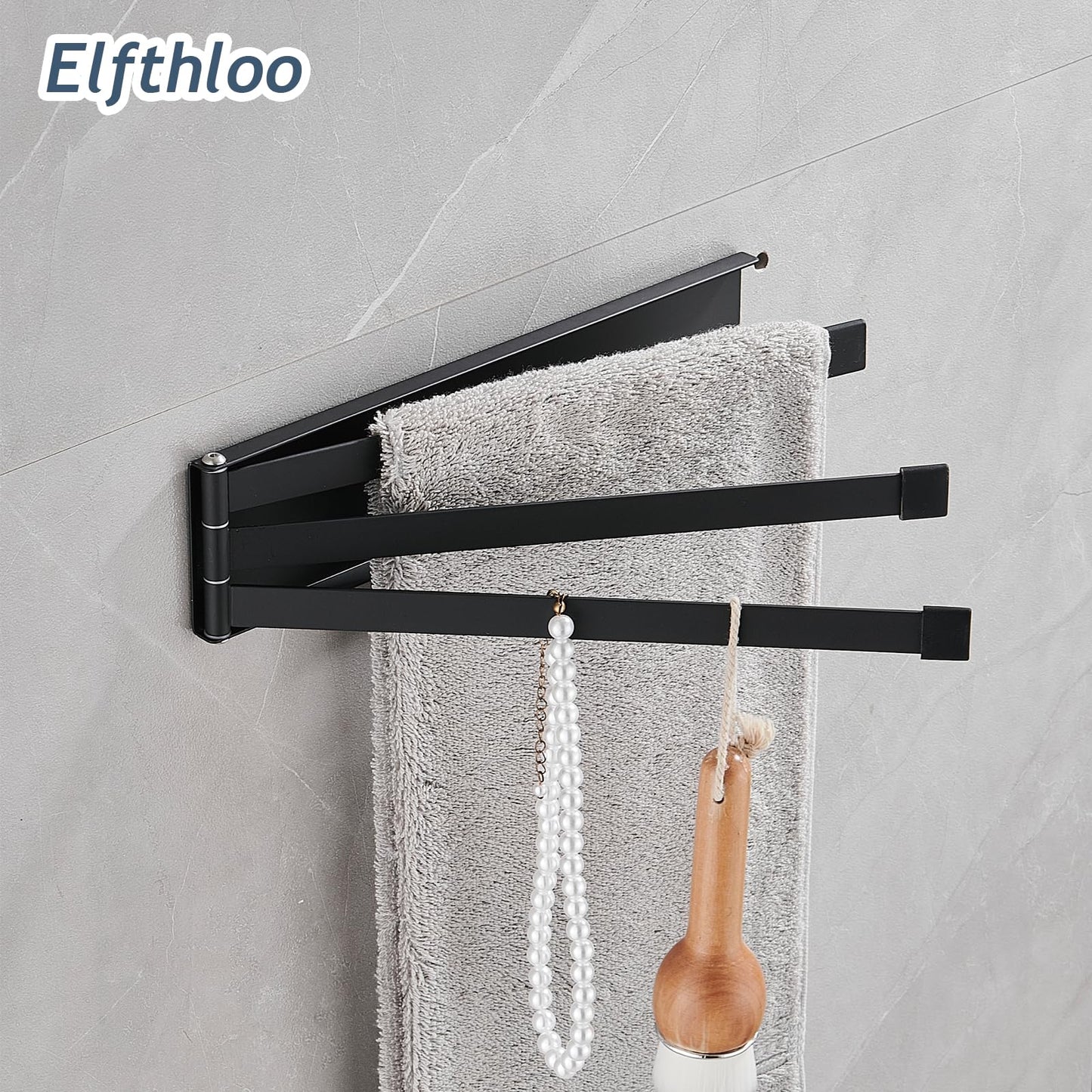 Small Swivel Foldable Towel Rack, Elfthloo 24cm(9.45 in) Rotating 3-Arm Towel Bar Rod, Space Saving Wall Mounted Holder, Stainless Steel Swing Out Hanger for Bathroom, Kitchen (1 Pack, Matte Black)
