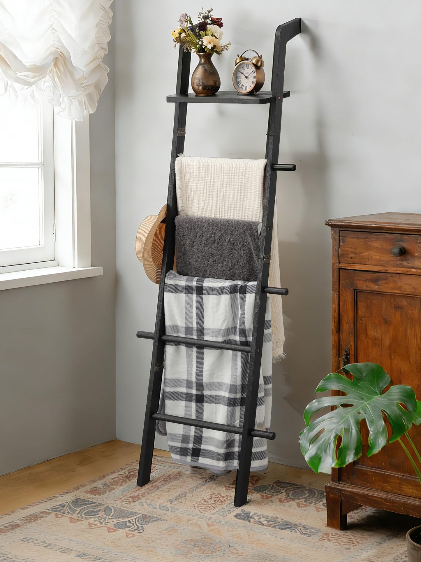 Taozun Minimalist Wood Blanket ladder - Boho Style Wall-leaning Display Towel Rack for Throw Quilt, Standing Ladder Shelf, Blanket Storage for Living Room, Bathroom