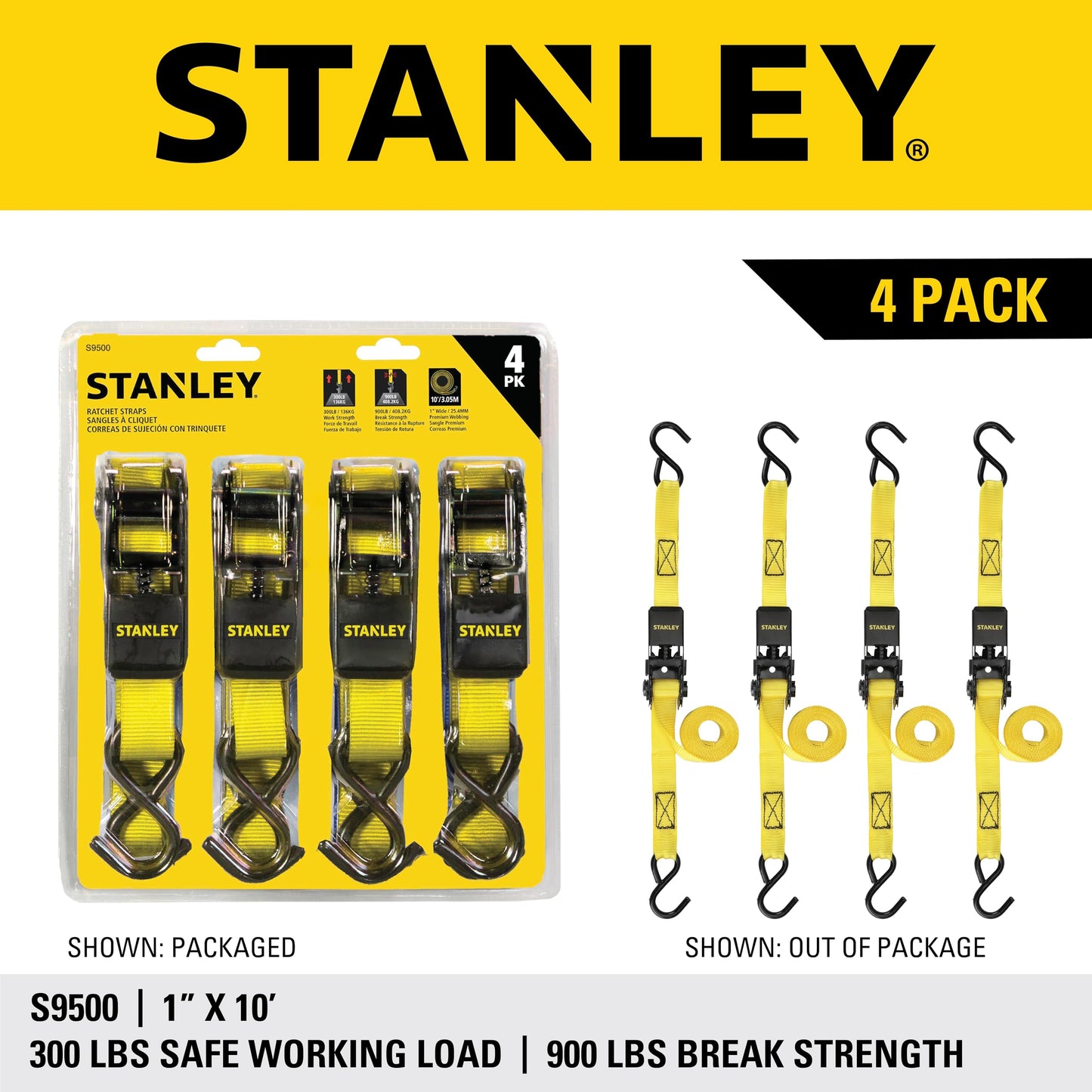 STANLEY S9500 Black/Yellow 1" x 10' Ratchet Straps - Light Cargo (300 lb Working Load / 900 lb Break Strength), 4 Pack