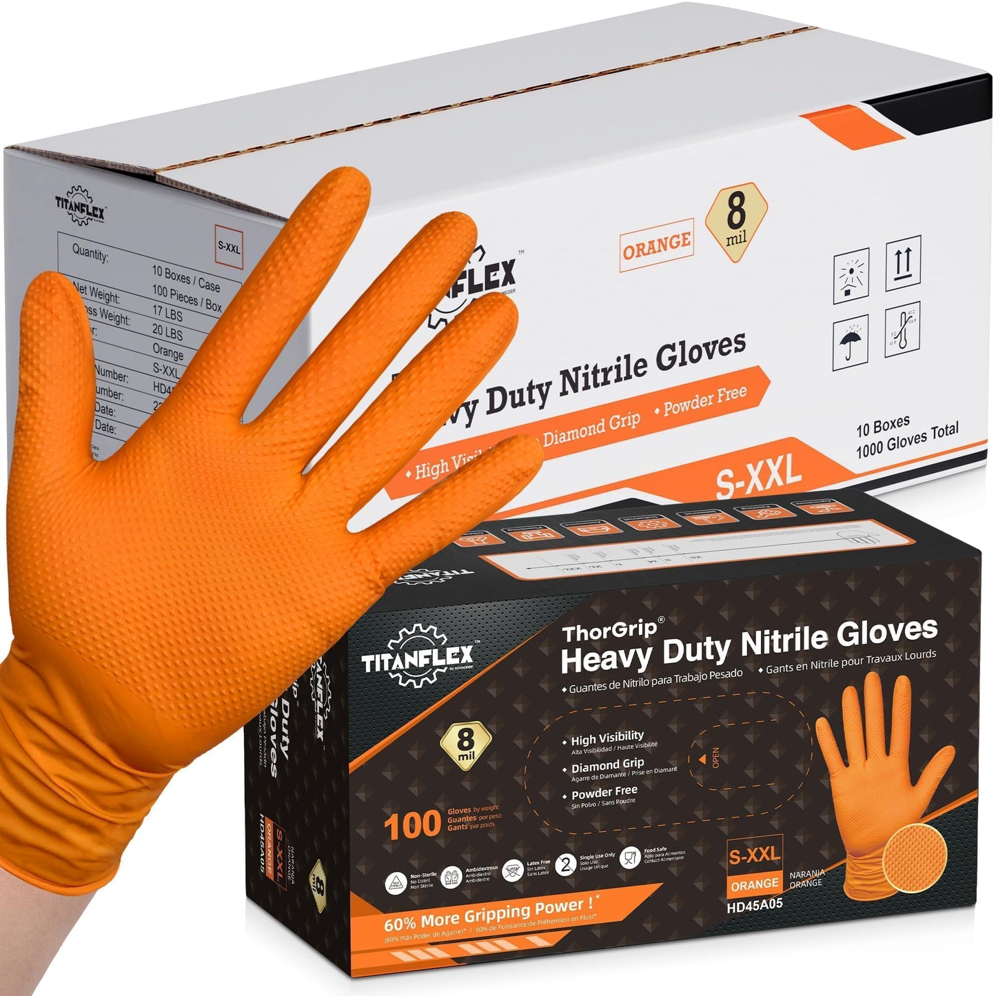 TitanFlex Heavy Duty Industrial Orange Nitrile Gloves, 8-mil, Gloves Disposable Latex Free with Raised Diamond Texture Grip, Powder Free, Rubber Glove, Mechanic Gloves,1000-ct Case (Large)