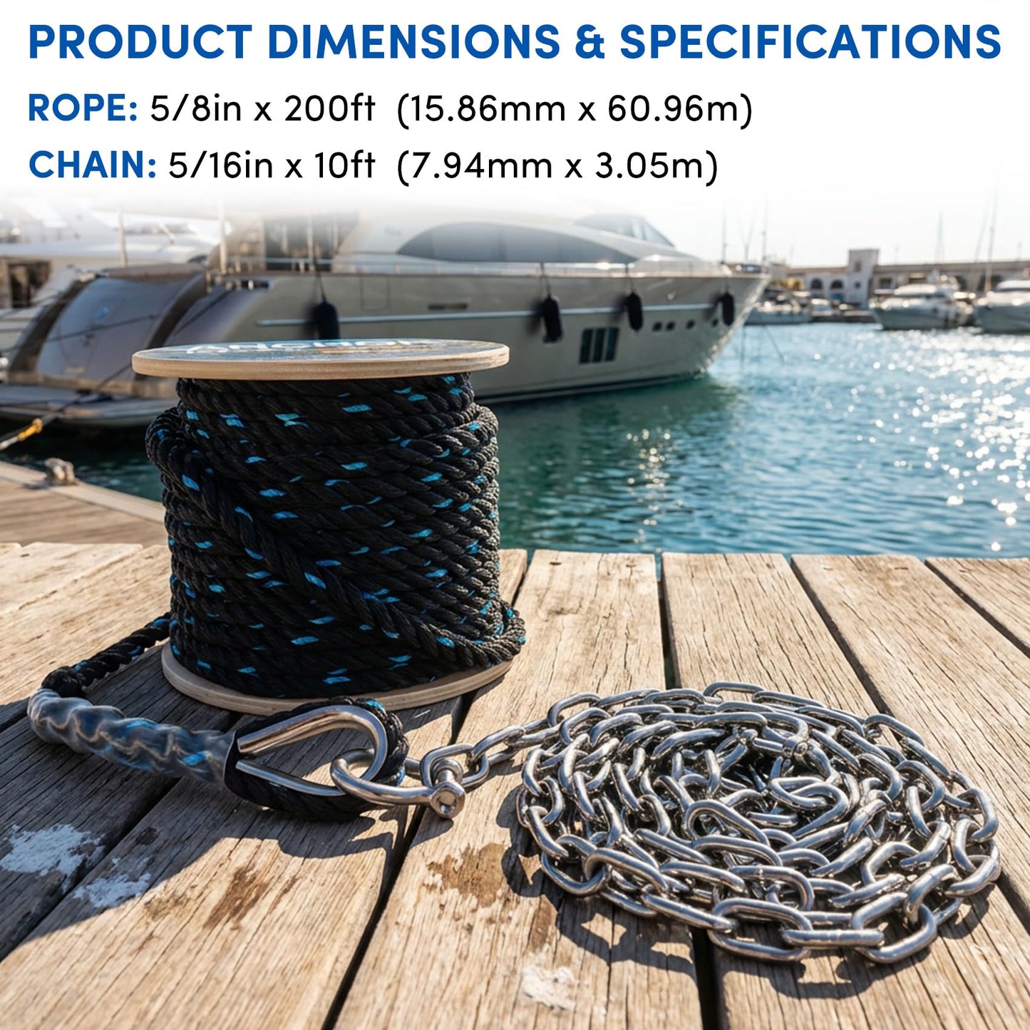 Anchor Rope 200 ft X 5/8 inch Combination Kit,with 5/16" x 10' 316 SS Anchor Chain, 3-Strand Twisted Nylon Anchor Line, Anchor Rope and Chain with Stainless Steel Thimble and Shackle (Black/Blue)