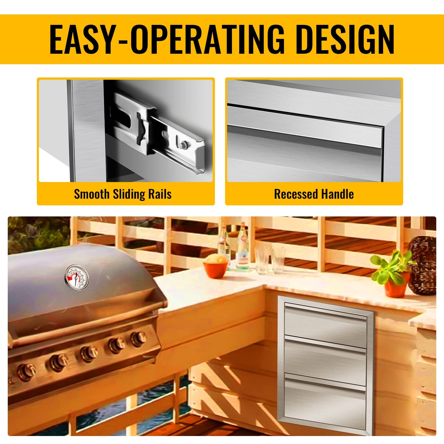 Outdoor Kitchen Drawers 16" W x 21" H x 23" D Inch Stainless Steel Flush Mount BBQ Triple Drawers for Outdoor Kitchen Island, or Patio Grill Station