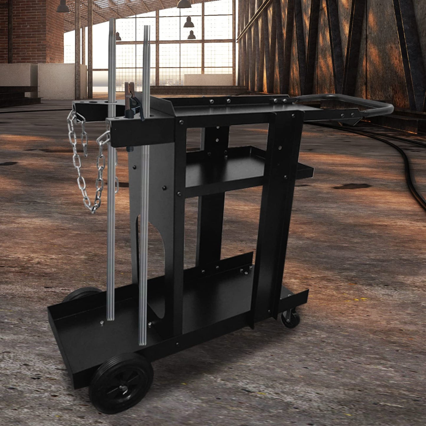 Foxngear Heavy Duty Welding Cart for TIG MIG Welder Plasma Cutter, Large 3-Tier Welder Cart with Gas Bottle Storage, Swivel Caster Wheels, Steel, Black