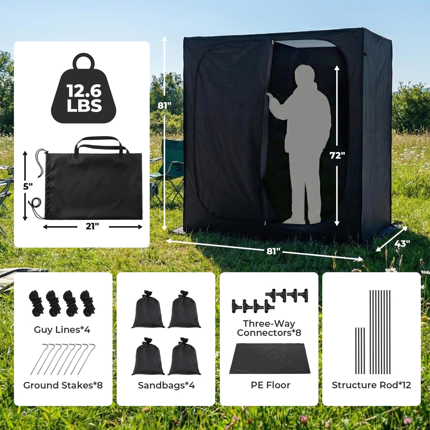 EighteenTek® Shower Tent, 2-Room Changing Room, Outdoor Shower Enclosure Spacious, Privacy Canopy Shelter with Floor & Doors, Stable & Durable, Toilet Tent Bathroom for Courtyard, Pool, Photoshoot