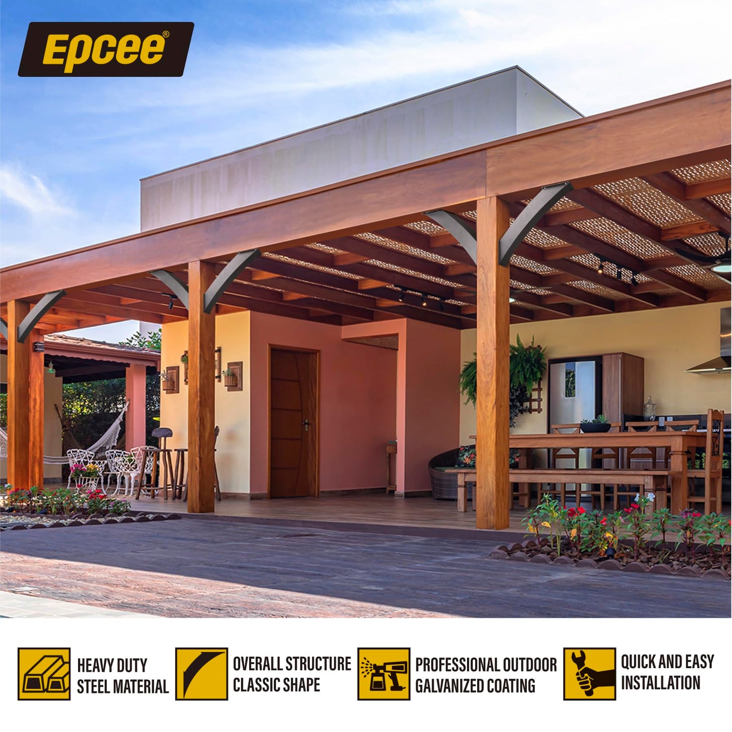 Epcee Heavy Duty 45 Degree Angle Support Bracket 4"×4" (Actual: 3.2"×3.2") Wood Beam Support Hardware Degree Post Bracket for Gazebos Pagola Porches 2Pcs