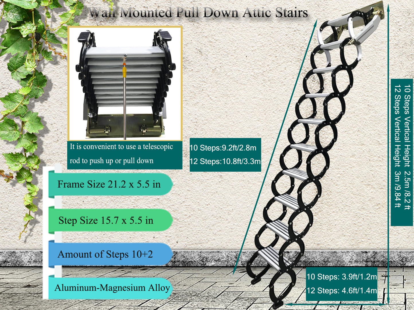 TECHTONGDA 9.8ft Attic Stair Pull Down Loft Ladder, Al-Mg Alloy Wall Mounted Folding Retractable Attic Ladder, 12 Steps Folding Loft Stairs with 660LB Load Capacity, Black