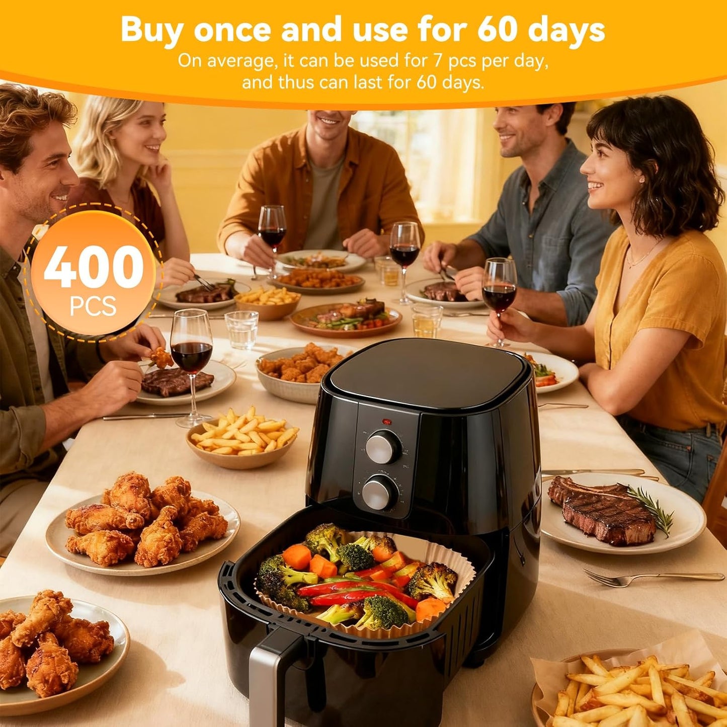 Skiennix Air Fryer Paper Liners - 400 Pcs Unbleached Non-Stick Parchment, 8 Inch Square for 5-8 QT