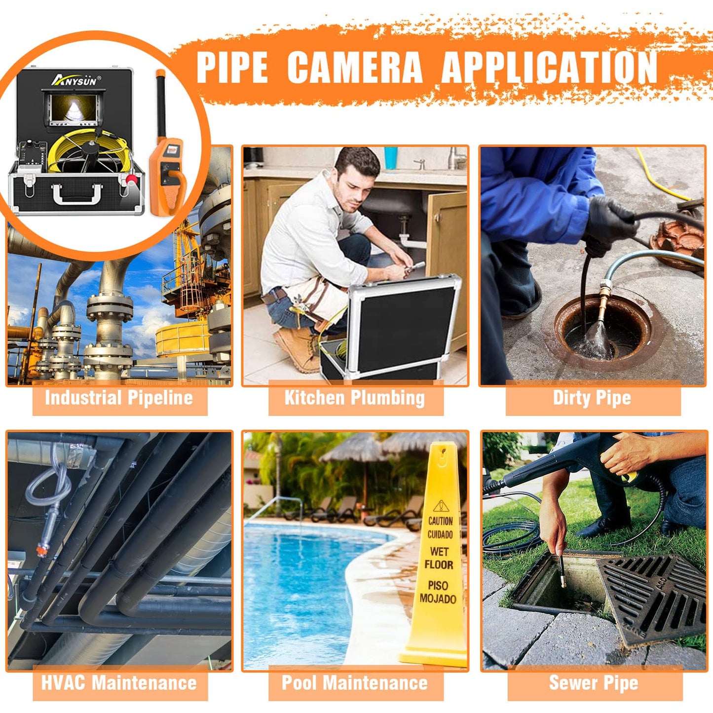 Anysun Sewer Camera with Locator, Pipe Camera with 512Hz Sonde Transmitter and Receiver, IP68 Waterproof Industrial Plumbing Endoscope Drain Snake Cam with 7" LCD Monitor, 8G SD Card (100Ft/30M Cable)