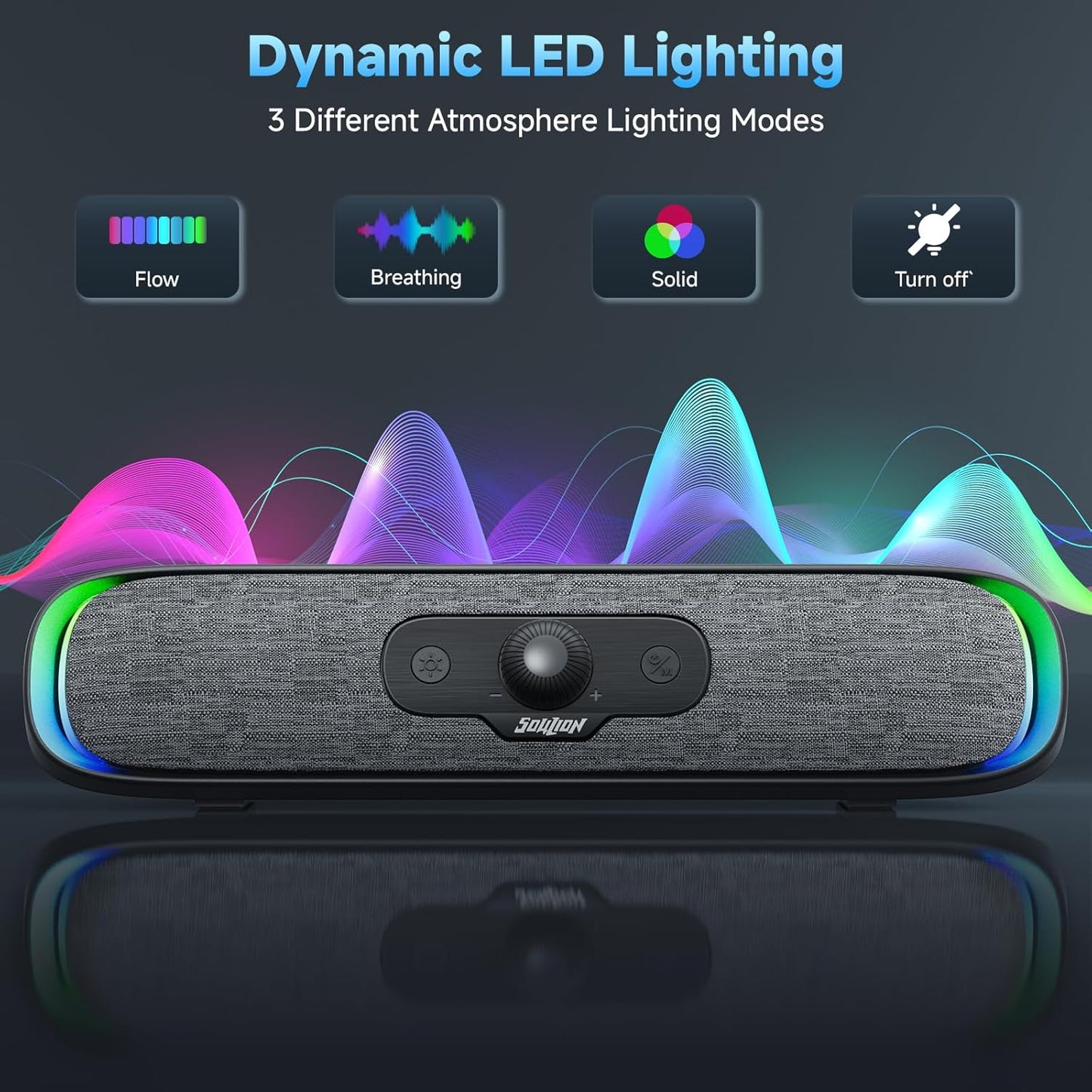 SOULION Computer Speakers, USB C/USB Powered PC Speaker with Colorful LED Lights, Plug-N-Play Wired Bluetooth Sound bar
