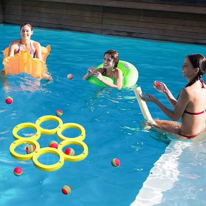 Hiboom Pool Game with Score, Combo Foam Pool Floats with 10 Colorful Tossing Balls, Toss Game Swimming Party Toys Accessories for Family Par, Dive Rings(Round,Yellow)