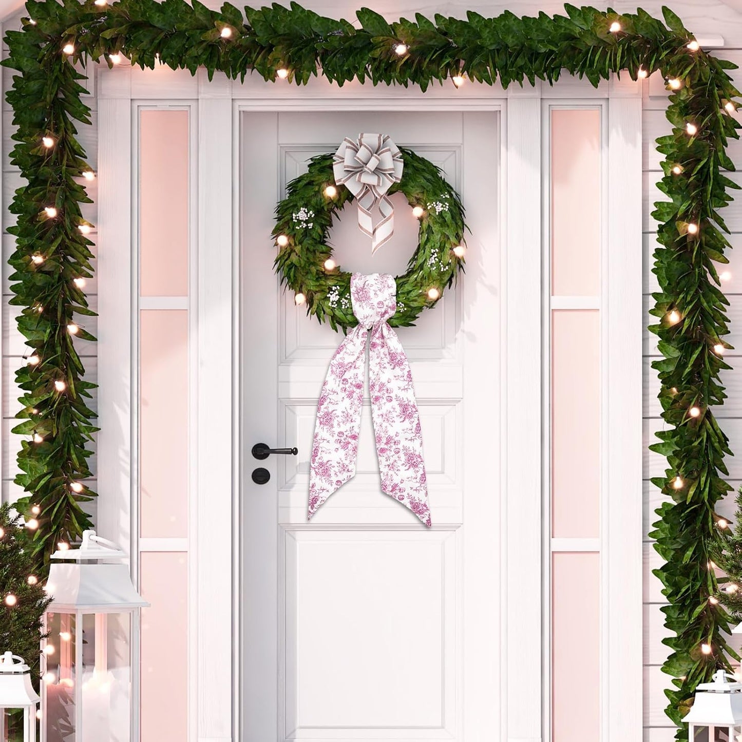 Whaline Pink Flower Wreath Sash - Chinoiserie Floral Garland Ribbon for Holiday Home Decor | 2 Pcs