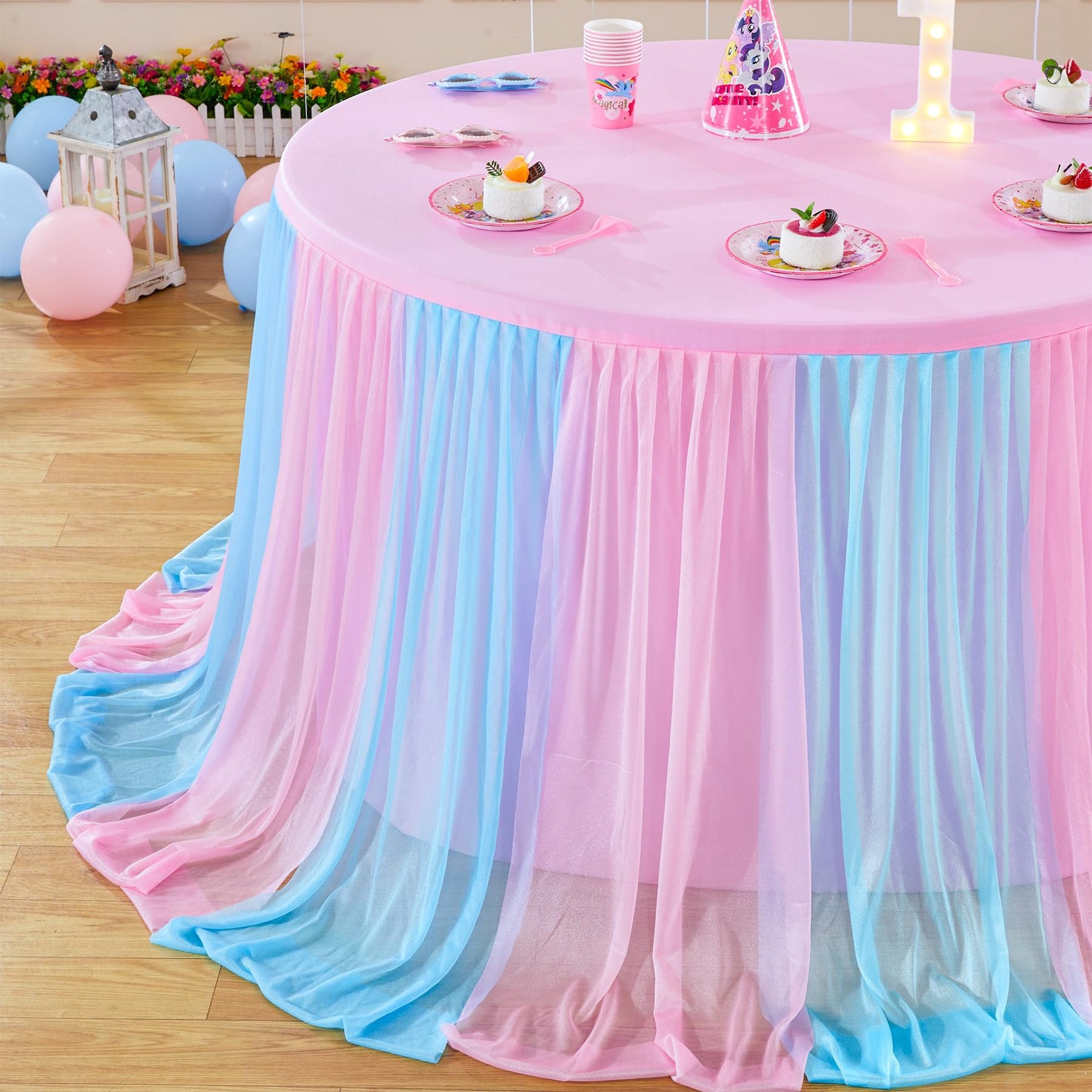 Besutolife Blue Pink Tablecloth for Round Tables 6ft Tulle Table Skirt for Baby Shower Birthday Party Dining Table Buffet Parties Camping