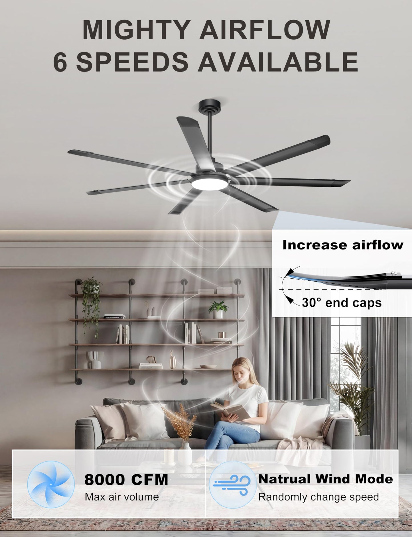 Ohniyou 72'' Large Ceiling Fan with Lights, High CFM Industrial Ceiling Fan with Remote/APP, 7 Aluminum Blades, Dimmable, for Outdoor Patio, Shop, Garage, Black