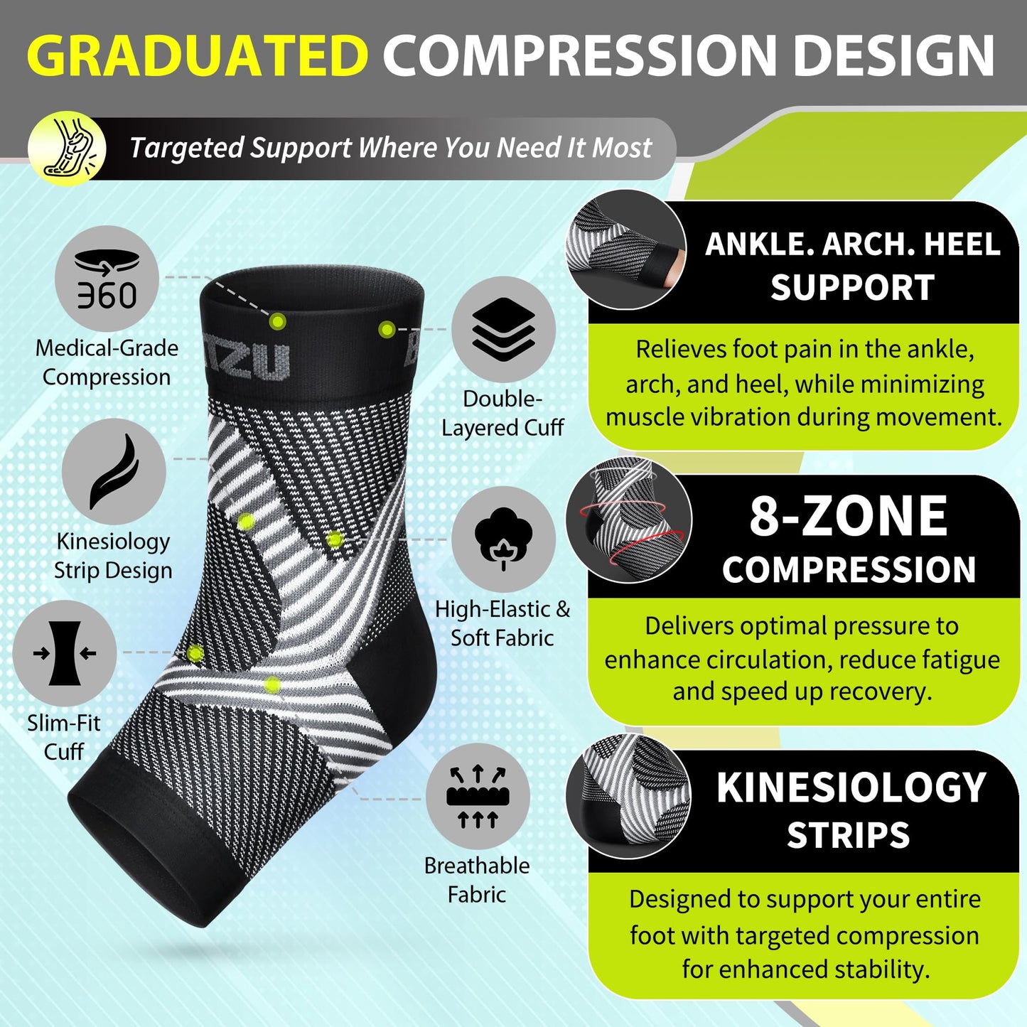 Compression Socks for Plantar Fasciitis, Achilles Tendonitis, Arthritis Relief, Ankle Brace Compression Sleeve with Foot Arch Support, Ankle Wrap for Women, Men, Swelling & Heel Pain Black L-XL