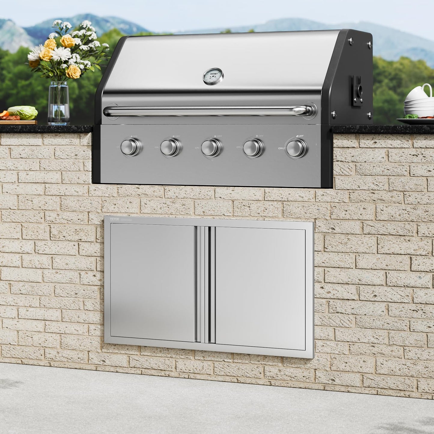 VEVOR BBQ Access Door, 36W x 21H Inch Double Outdoor Kitchen, Stainless Steel Flush Mount, Wall Vertical With Recessed Handles, for BBQ Island, Grilling Station, Outside Cabinet