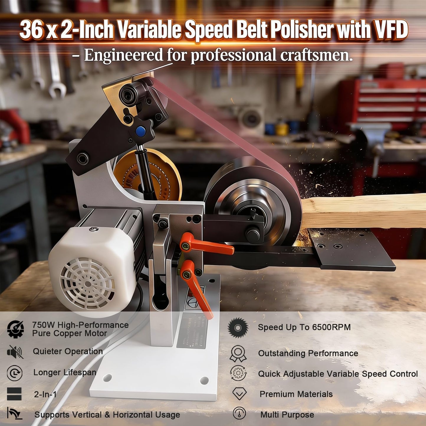 Belt Grinder Sander, 36 x 2-Inch Variable Speed Belt Polisher with VFD, 110V 750W Electric Grinding Machine with Polishing Tip, Cloth Wheel and 3PCS Sanding Belts for Metalworking (Rubber Wheel)