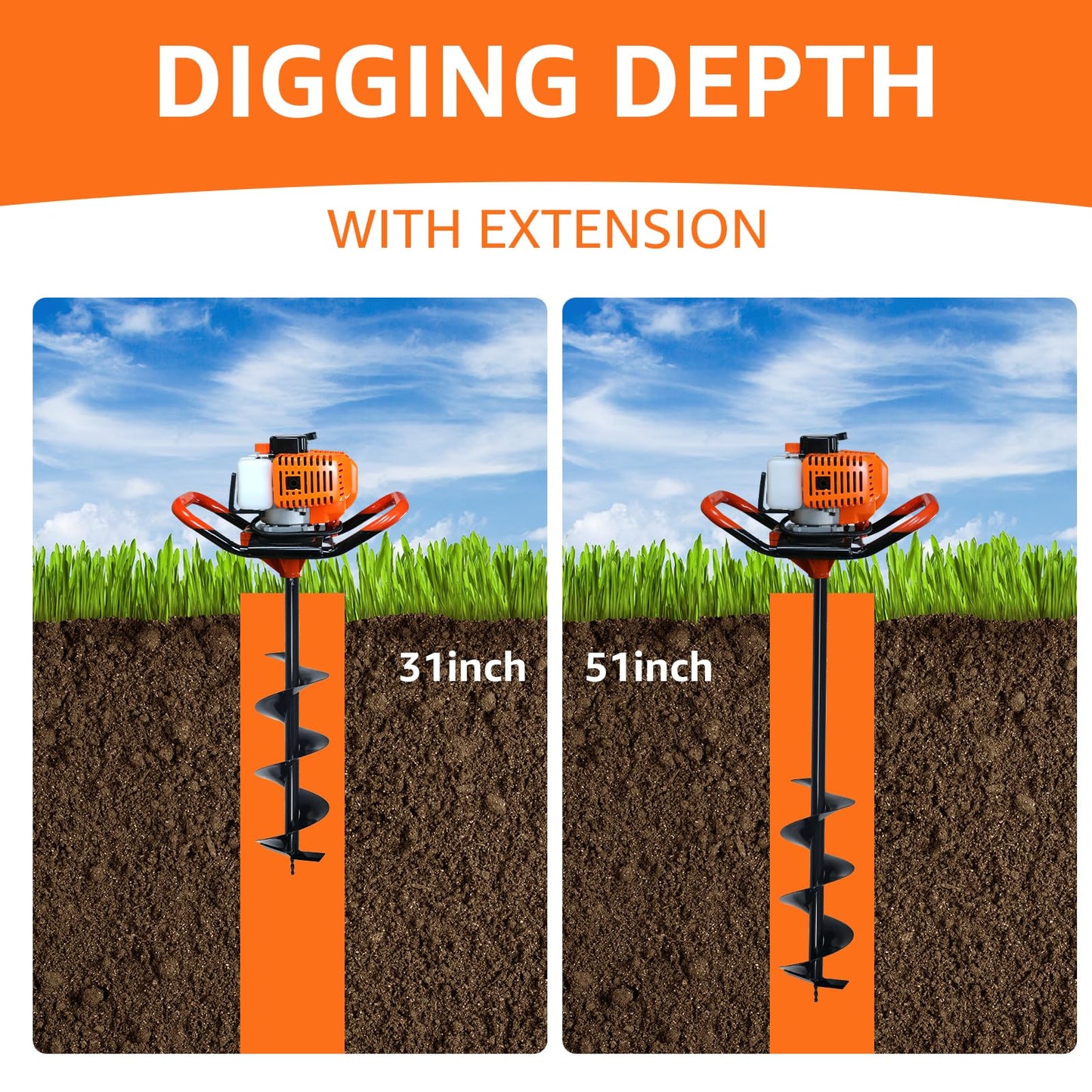 XJADQW 62CC 2-Stroke Gas Powered Post Hole Digger with 4" & 6" & 8" & 12" Auger Bits + 8“ & 12" & 20" Extension Rod, Heavy Duty Earth Auger for Farm, Garden, Landscaping, Construction
