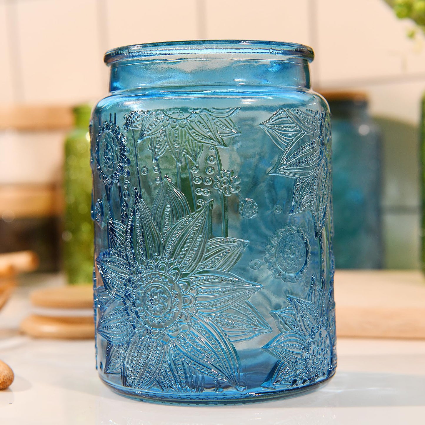 Custde Glass Storage Jars With Airtight Lid, 23.7oz Canister For Kitchen Counter with Bamboo Lid, brown sugar, candy, coffee, cookie, salt, tea,pantry cute Jar (Blue 2-Pack, 23.7 fl oz)