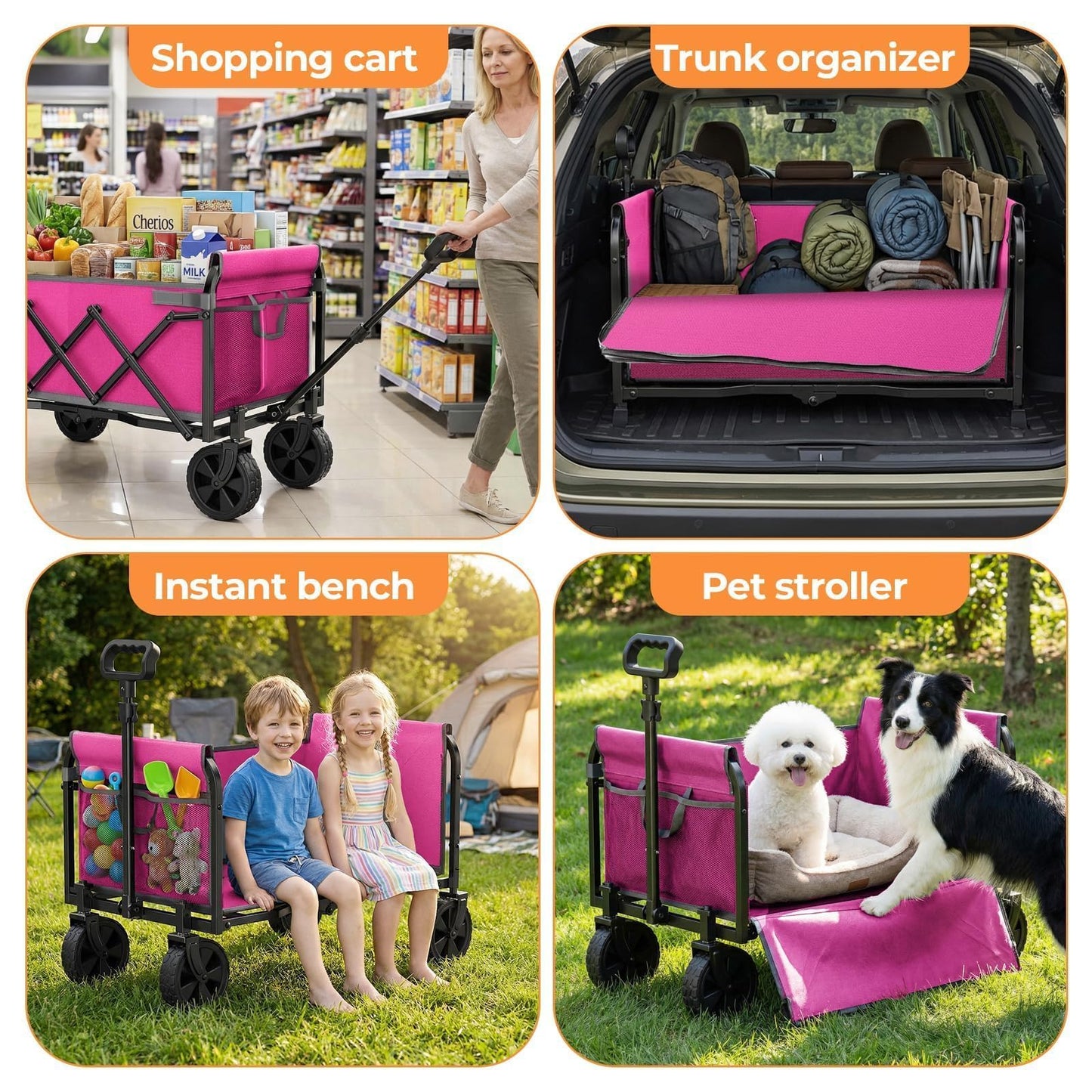 Holacamking Portable Collapsible Wagon Cart, Foldable Cart with Removable Side, Utility Groceries Wagon for Dogs Cats Camping Beach Shopping Sports Gardeing Fishing, Pink