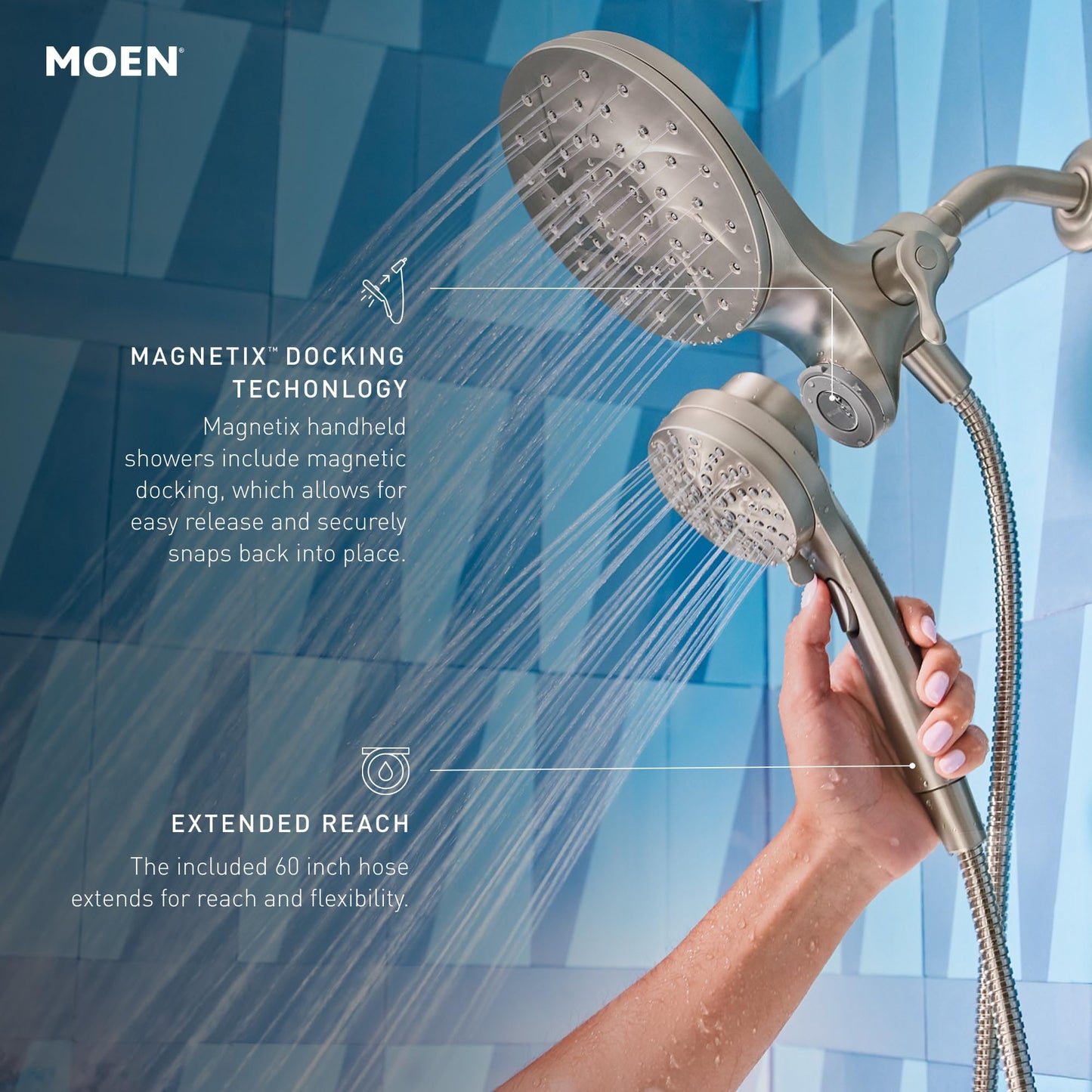 Moen Engage Multi-Function Handshower and Rainfall Shower Head Trim Combo with Handle, Tub Spout, Metal Hose and Valve, Brushed Nickel, 82304SRN