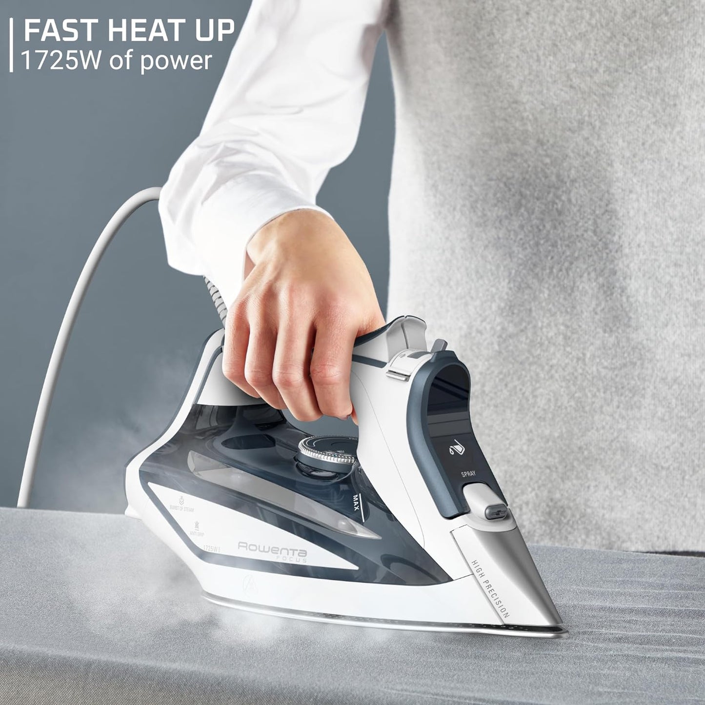 Rowenta Focus Excel Steam Iron - 1725 Watts, Anti-Drip Protection, Grey Finish for Effortless Ironing