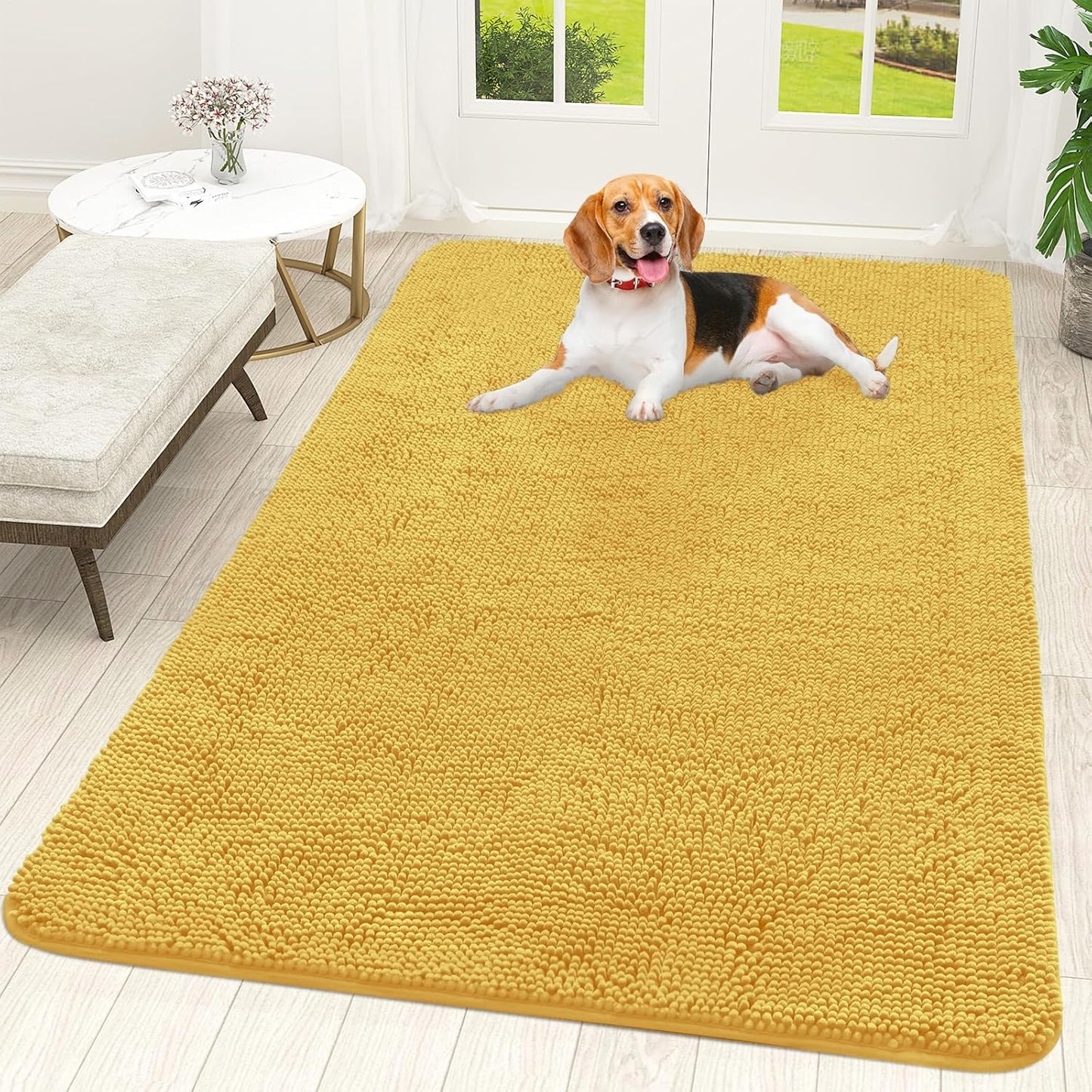 OLANLY Dog Door Mat - Absorbent Non-Slip Chenille Mat for Muddy Paws | 59x35 Inches, Quick Dry, Yellow
