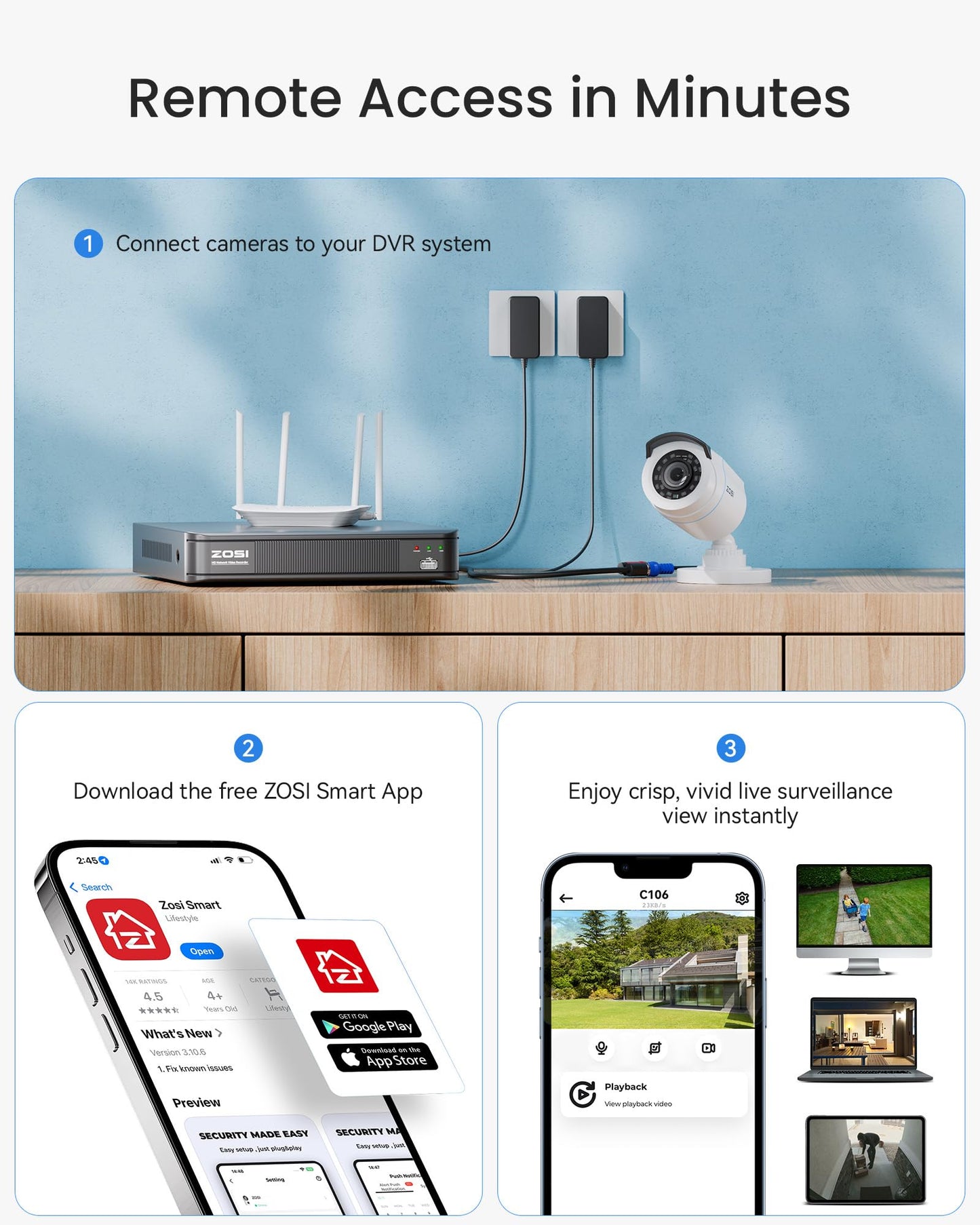 ZOSI H.265+ Home Security Camera System with AI Human Vehicle Detection, 5MP 3K Lite 8 Channel CCTV DVR Recorder and 8 x 1080p Weatherproof Bullet Camera Outdoor Indoor, 80ft Night Vision, 1TB HDD