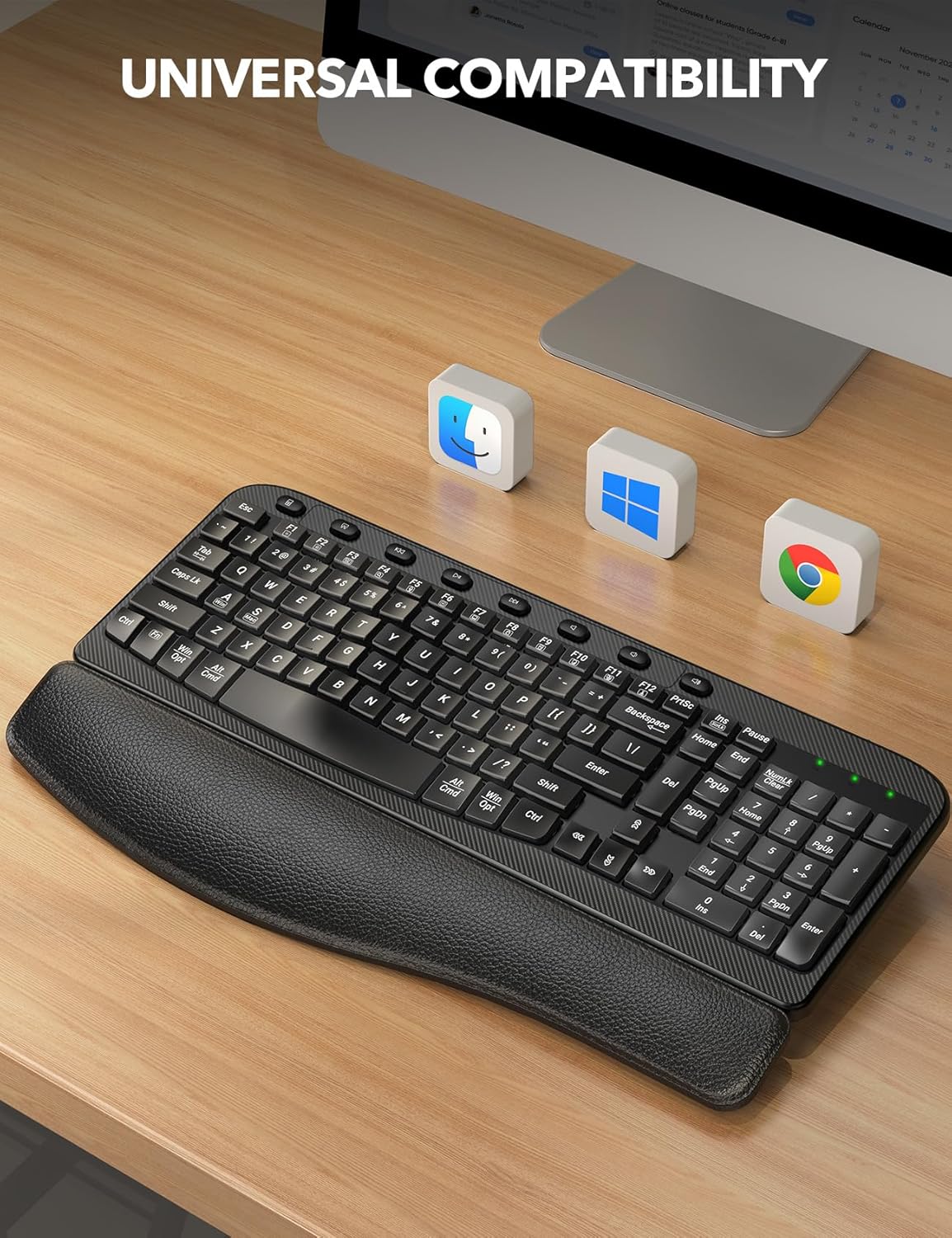 SABLUTE 2.4GHz Wireless Keyboard, Ergonomic Wave Keyboards with Cushioned Wrist Rest, USB Computer Wave Key Board