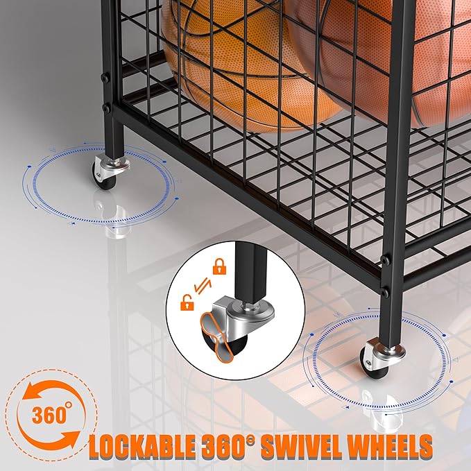 Ultrawall Sports Equipment Organizer, Large Capacity Garage Ball Storage Outdoor Toy Organizer, Ball Cart with Wheels for Football, Basketball