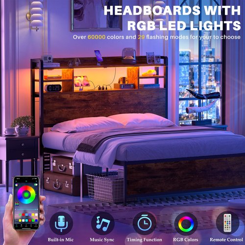Aheaplus Headboard for Twin Size Bed with Storage, Headboards with LED Light, Power Outlets, USB Ports Twin Size Head Board, Wood headboard Only Sturdy and Stable Headboards, Rustic Brown